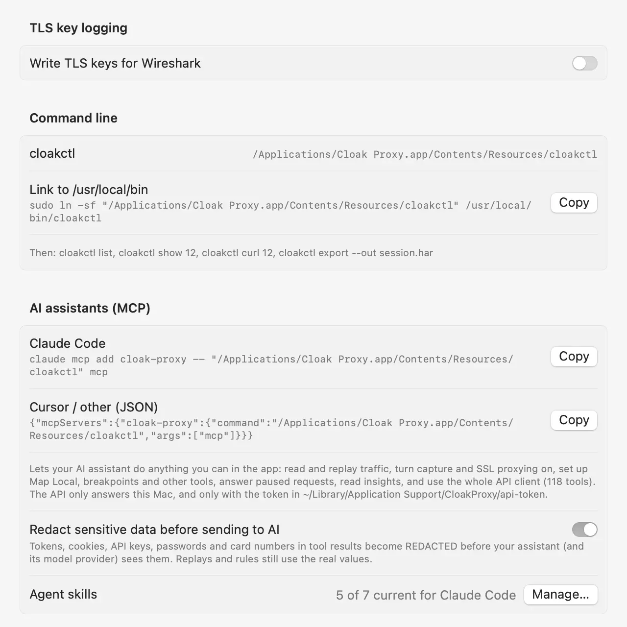 Settings › Advanced: the AI assistants (MCP) section with copyable setup for Claude Code and other clients, the Redact sensitive data before sending to AI switch turned on with an explanation, and an Agent skills row reading 5 of 7 current for Claude Code with a Manage button