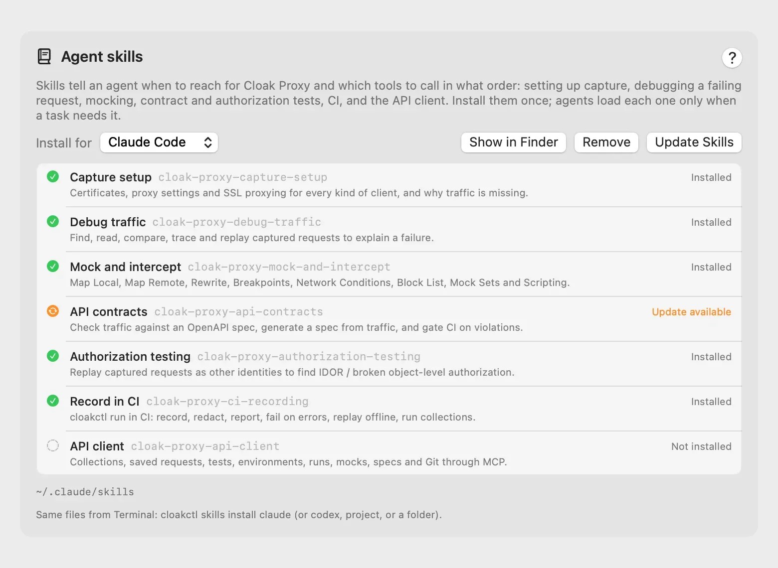 The Agent skills card on the API client's MCP page: an Install for menu set to Claude Code, Show in Finder, Remove and Update Skills buttons, and a list of seven skills, Capture setup, Debug traffic, Mock and intercept, API contracts, Authorization testing, Record in CI and API client, each marked Installed, Update available or Not installed
