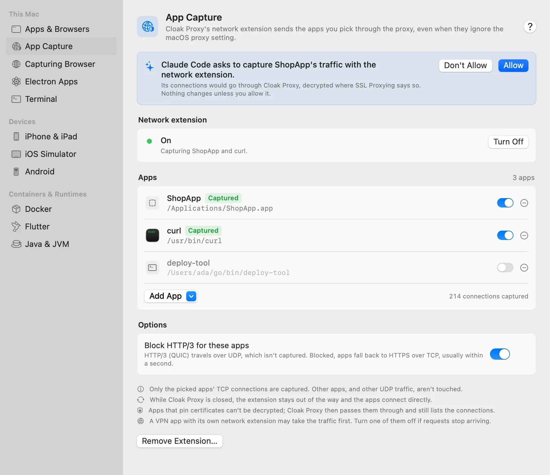 The App Capture page with a request at the top: Claude Code asks to capture ShopApp's traffic with the network extension, with Don't Allow and Allow buttons