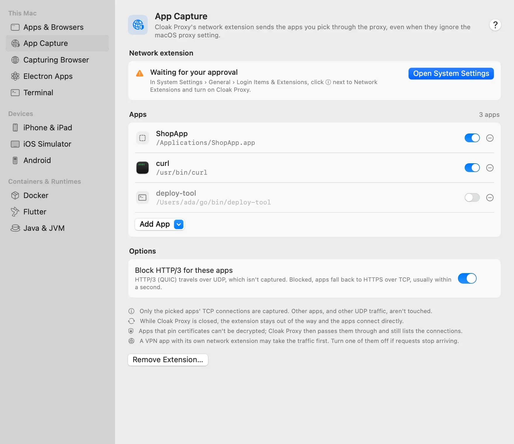 The App Capture page while the network extension waits for approval: an orange triangle, Waiting for your approval, the steps in System Settings and an Open System Settings button