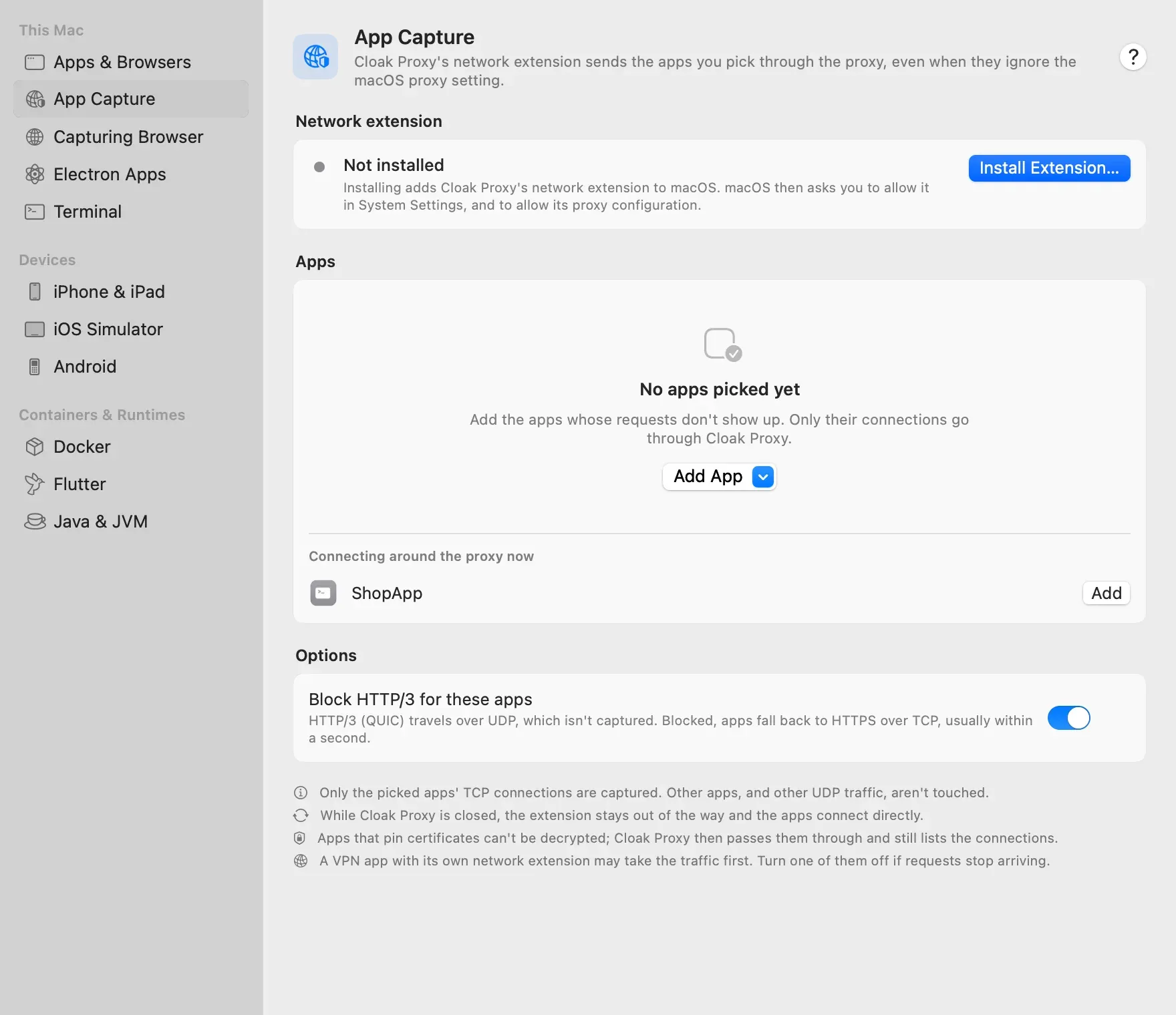 The App Capture page before the extension is installed: Not installed with an Install Extension button, No apps picked yet with an Add App menu, and ShopApp listed under Connecting around the proxy now with an Add button