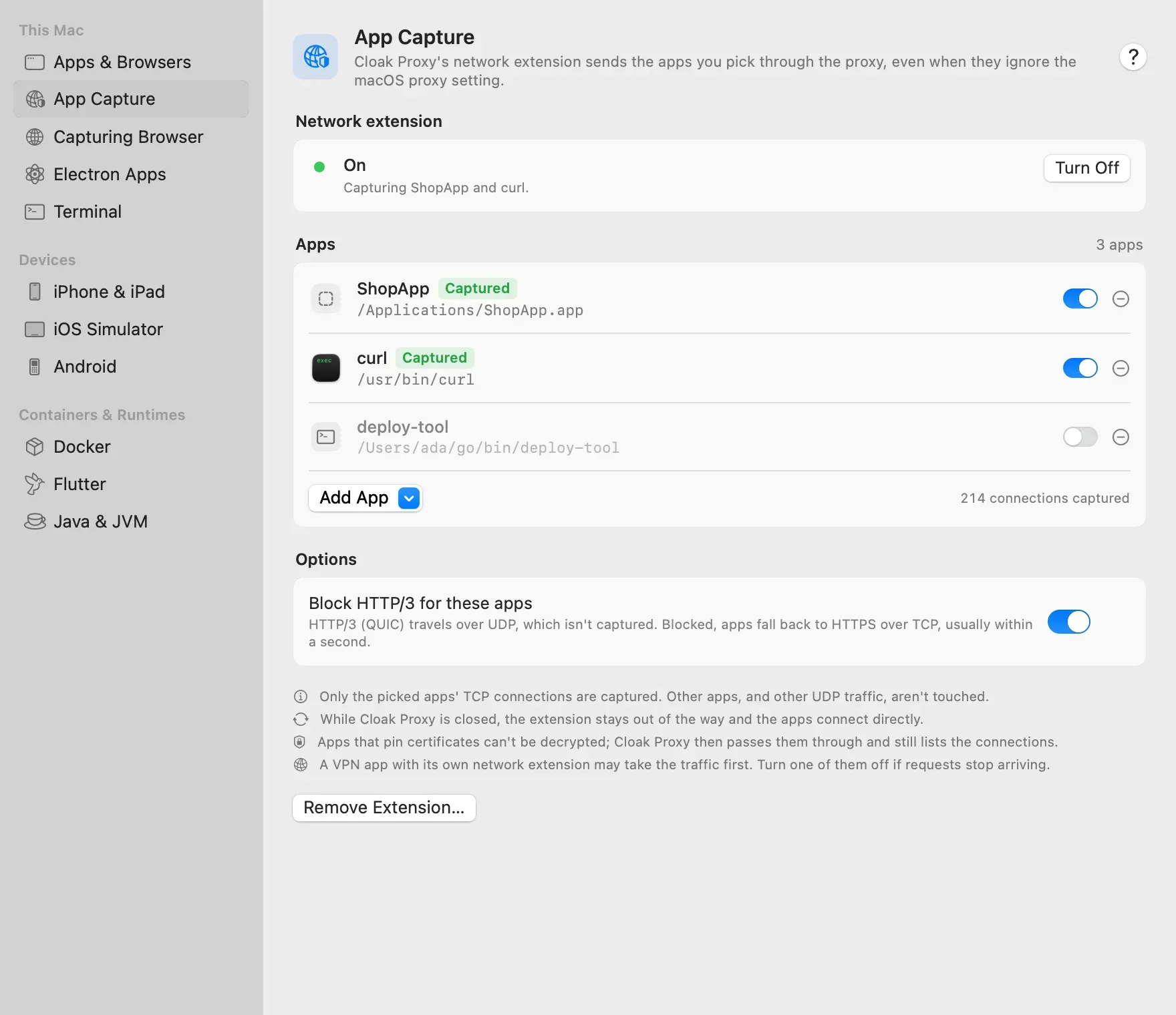 Device & Runtime Setup on the App Capture page: the network extension is on and capturing ShopApp and curl, the Apps list shows ShopApp and curl with Captured labels and deploy-tool turned off, 214 connections captured, the Block HTTP/3 option, notes on what isn't captured, and a Remove Extension button