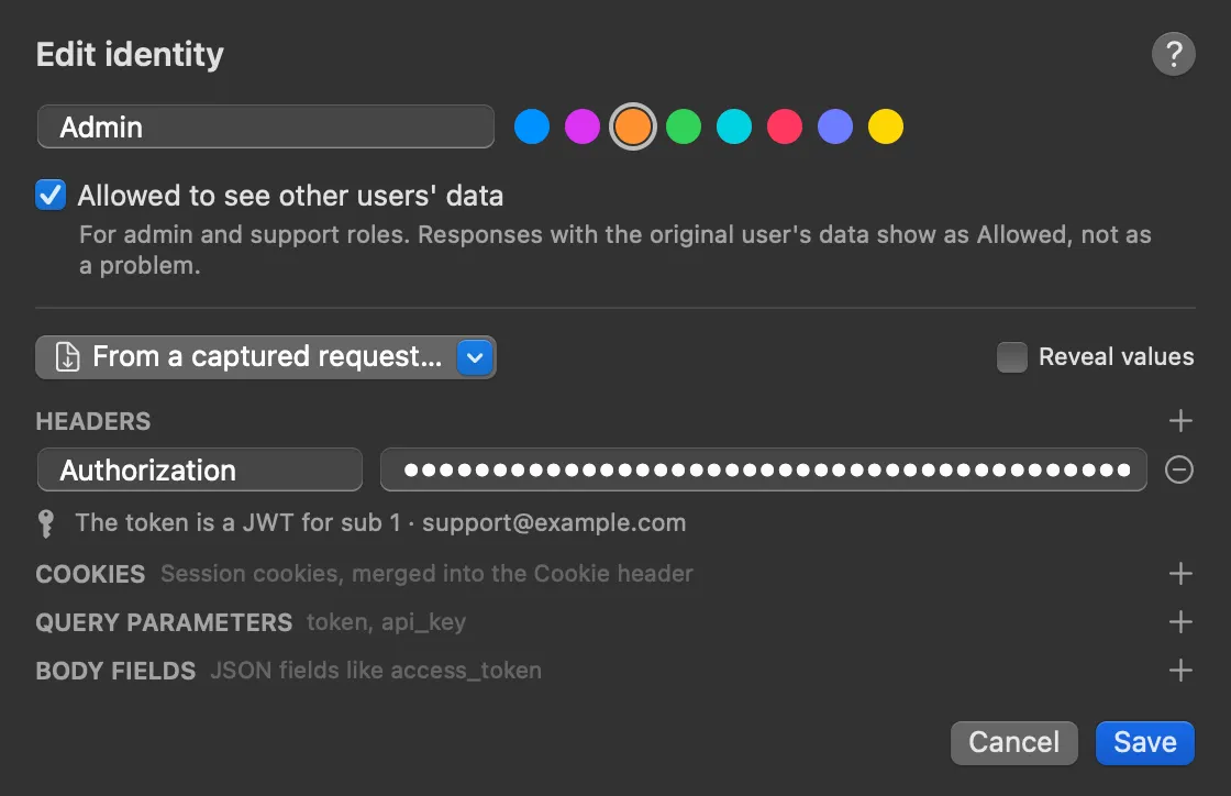 The identity editor for Admin: a name, colour swatches with orange selected, a checked Allowed to see other users' data option with its explanation, a From a captured request menu, a Reveal values checkbox, a Headers section with a masked Authorization value and the line The token is a JWT for sub 1 · support@example.com, then empty Cookies, Query parameters and Body fields sections, and Cancel and Save buttons.