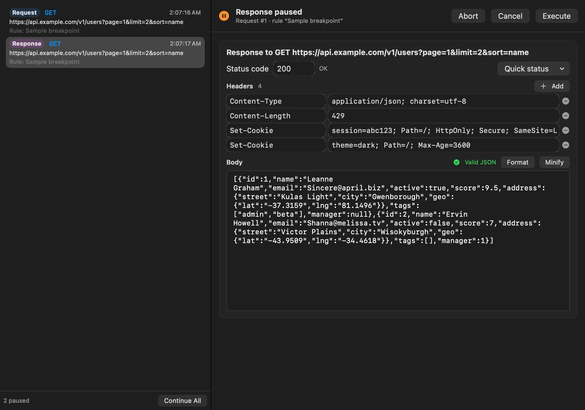 The Breakpoint window with a response paused, showing a status code field, headers, and an editable JSON body with Format and Minify