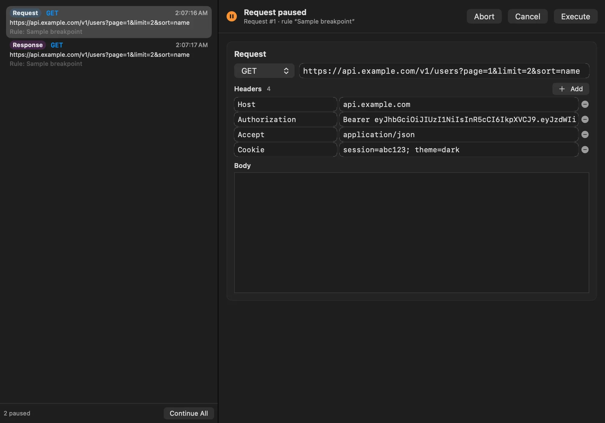 The Breakpoint window with a request paused, showing editable method, URL, headers and body
