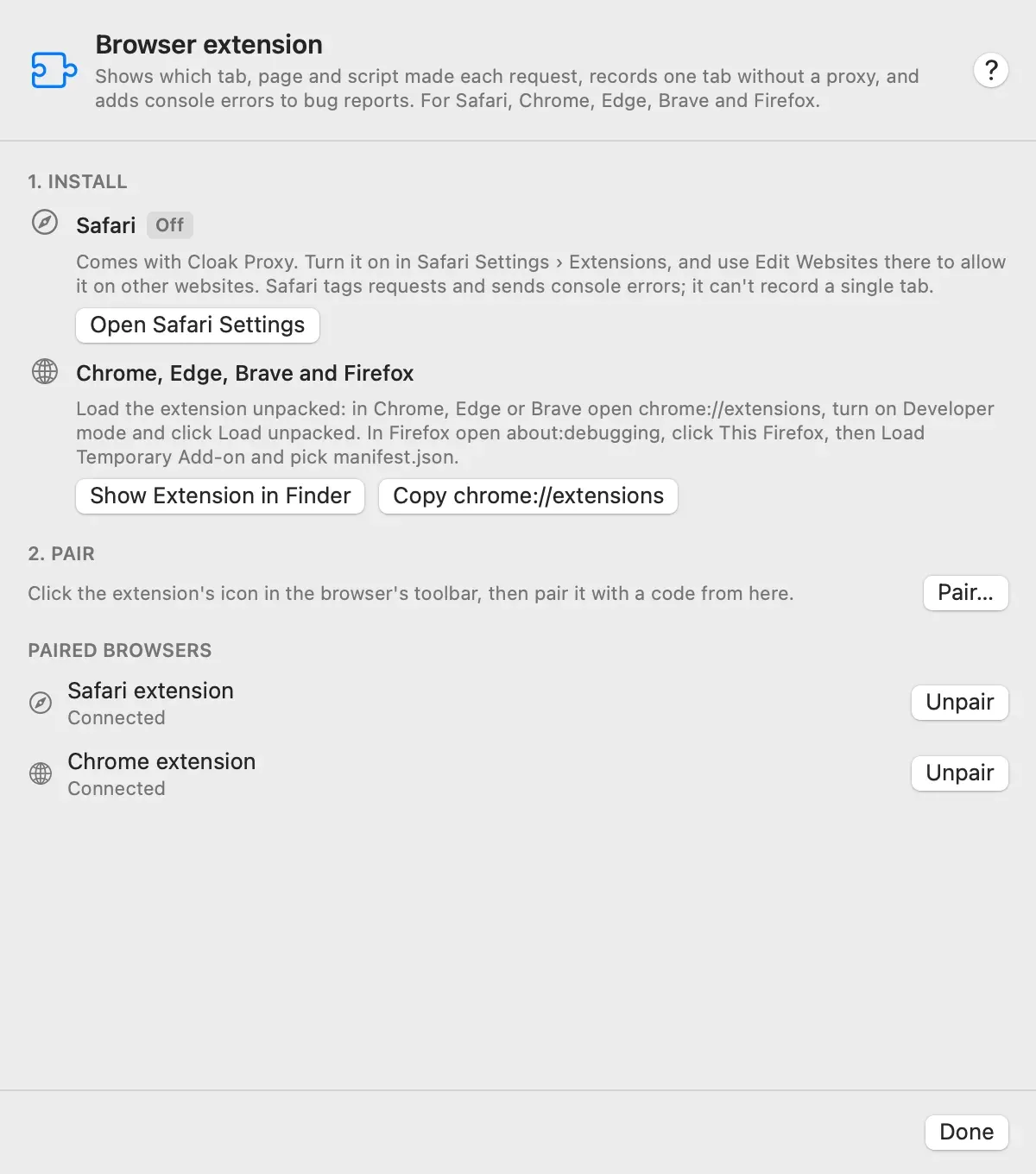 The Browser Extension sheet with a Safari row marked Off and an Open Safari Settings button, the Chrome, Edge, Brave and Firefox instructions, a Pair button, and Safari extension and Chrome extension under Paired browsers, both Connected