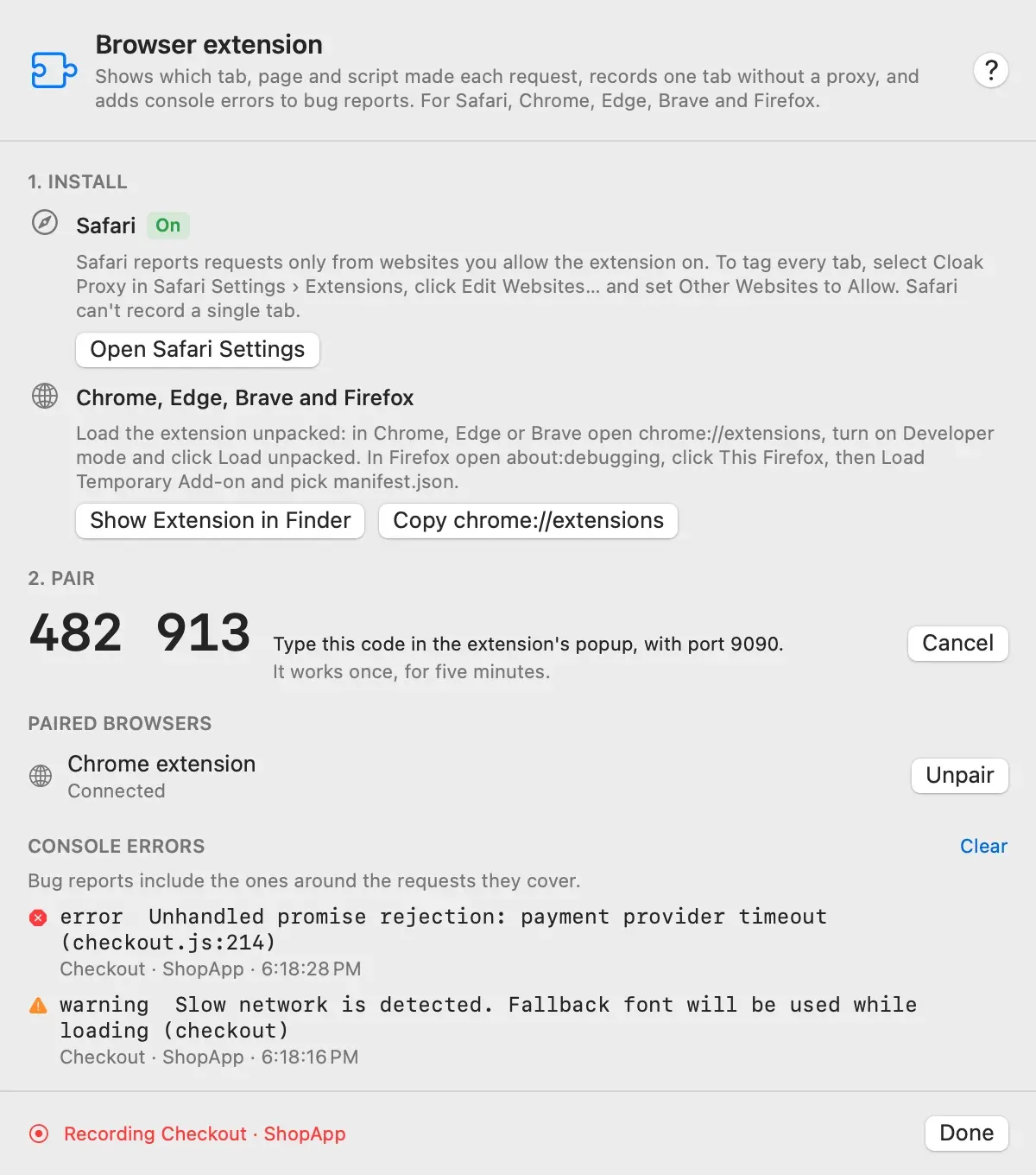The Browser Extension sheet: a Safari row marked On with Open Safari Settings, install instructions for Chrome, Edge, Brave and Firefox with Show Extension in Finder, the pairing code 482 913 with a Cancel button, Chrome extension under Paired browsers, and a console error and a warning from the Checkout · ShopApp tab, with Recording Checkout · ShopApp at the bottom