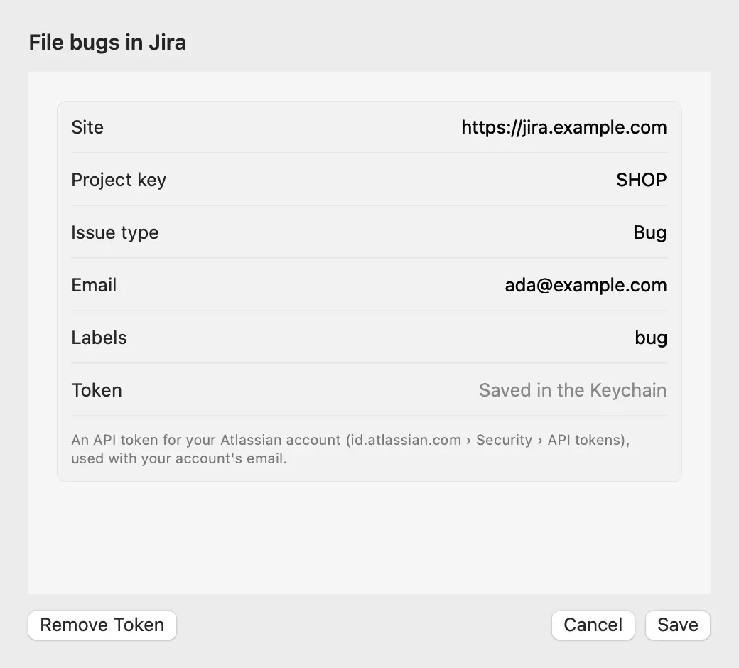 The Jira settings sheet: site https://storefront.atlassian.net, project key SHOP, issue type Bug, email ada@example.com, labels, a token field saved in the Keychain, and help on where to create an API token