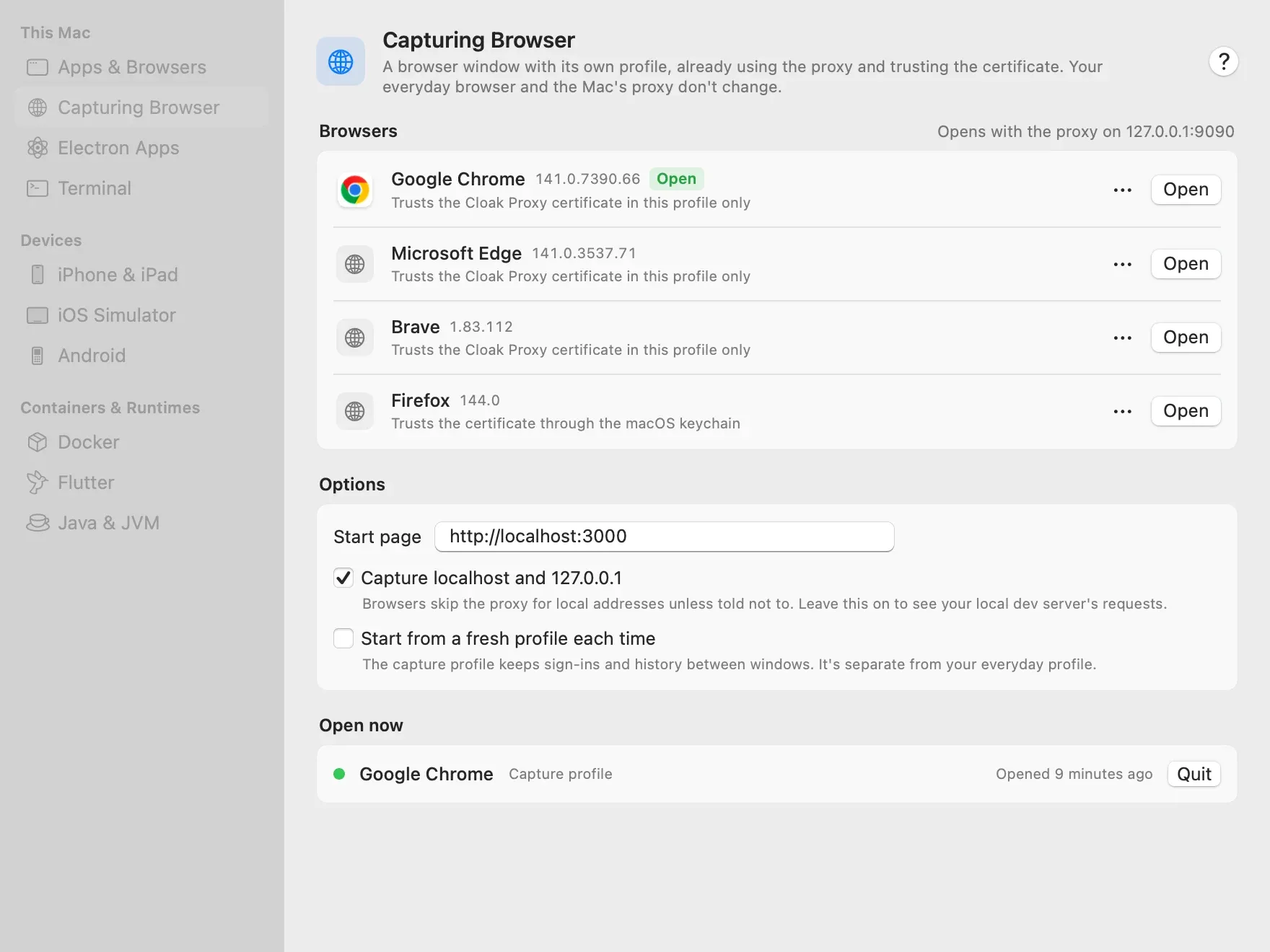 Device & Runtime Setup on the Capturing Browser page: Google Chrome (open), Microsoft Edge, Brave and Firefox, each with an Open button and how it trusts the certificate; options for the start page, capturing localhost and fresh profiles; and the Chrome window that's open now with a Quit button