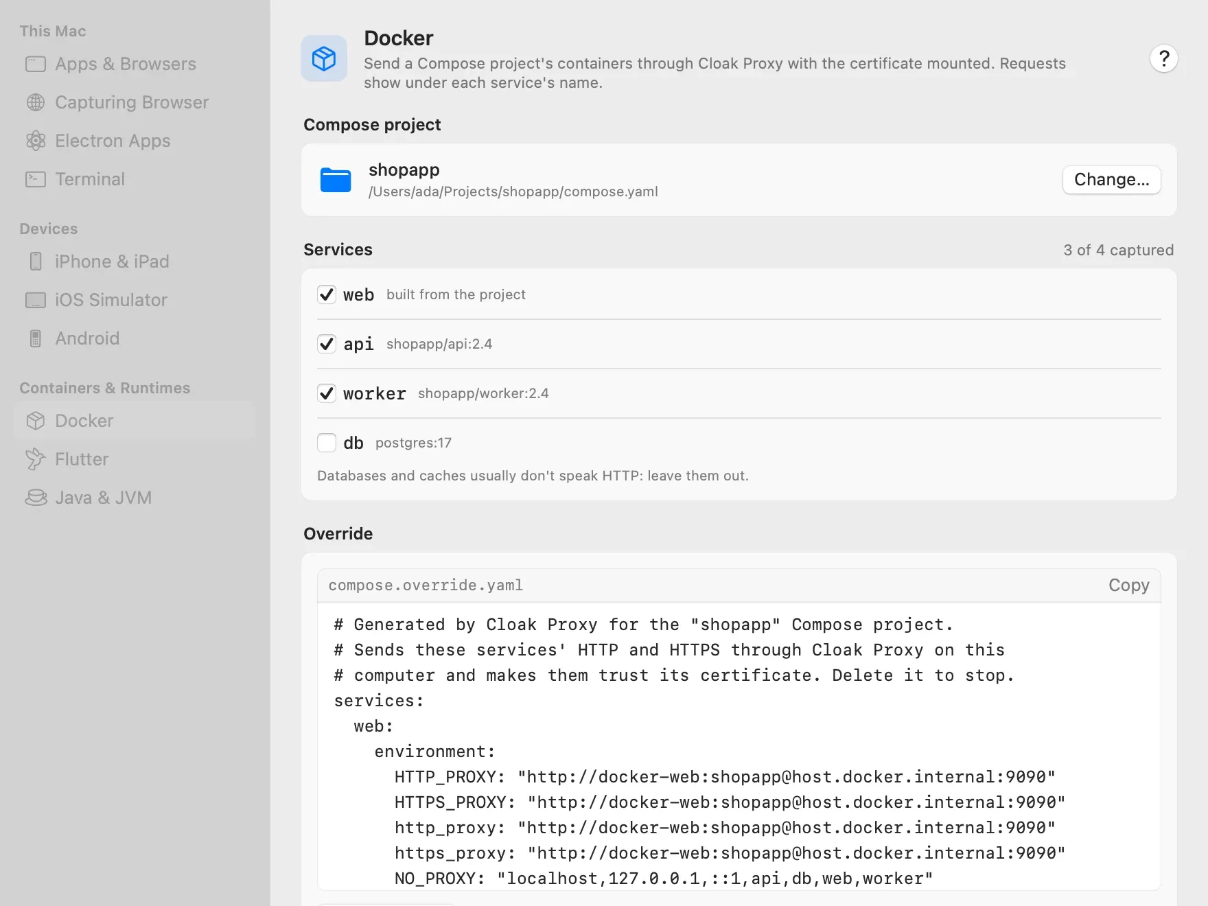 The Docker page of Device & Runtime Setup with the shopapp project chosen, its services web, api and worker selected and db not, the generated compose.override.yaml, and a Write Override button
