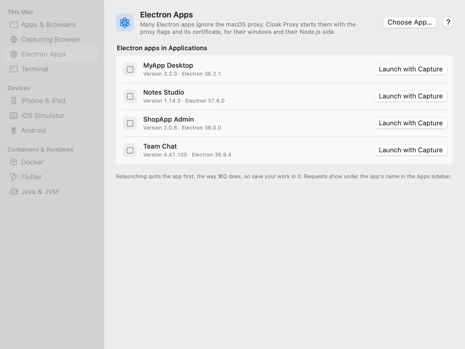 The Electron Apps page listing four Electron apps with their versions and Electron versions, each with a Launch with Capture button