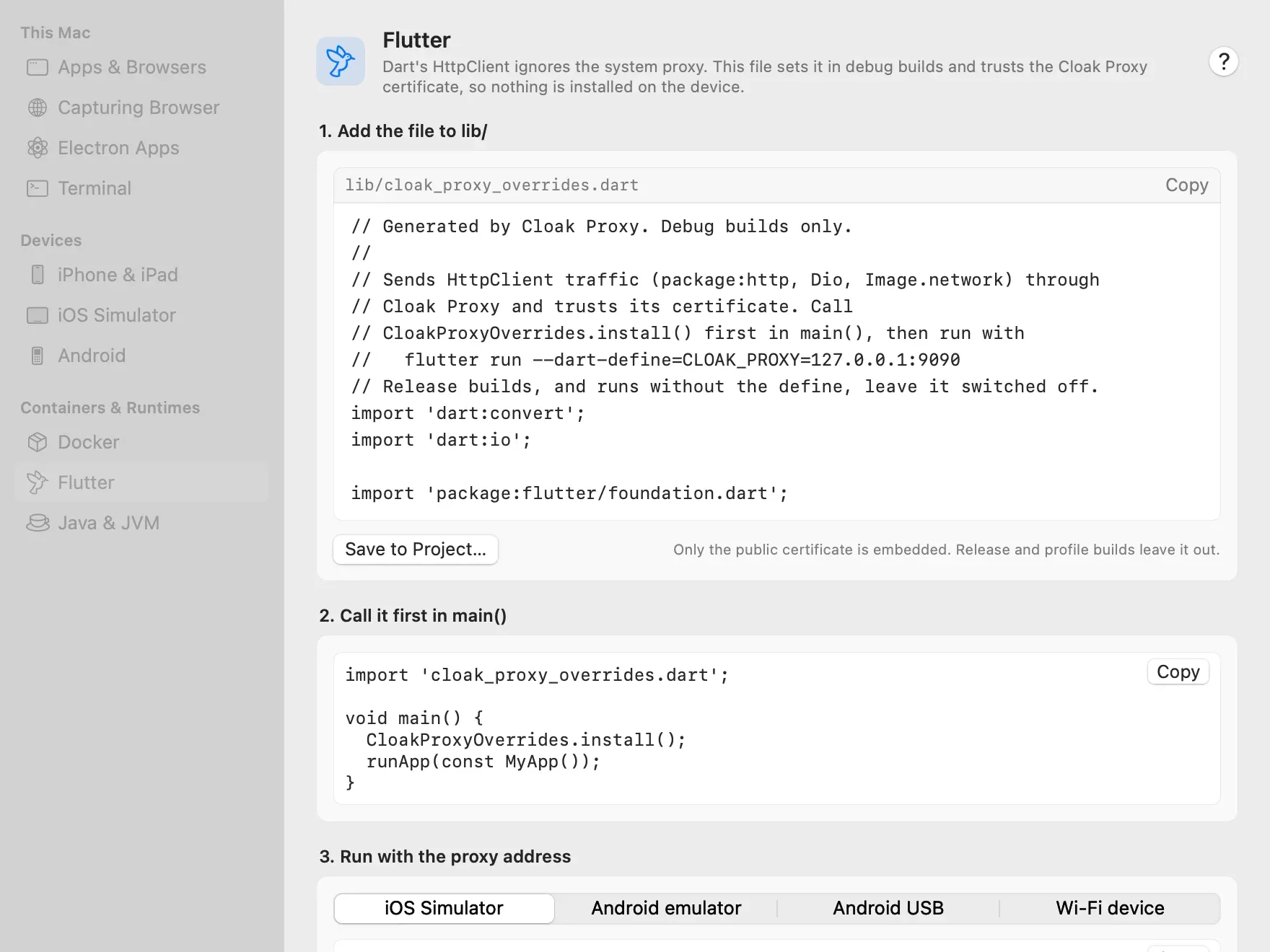 The Flutter page of Device & Runtime Setup: the generated lib/cloak_proxy_overrides.dart with Save to Project, the two lines to add to main(), and a device picker with the flutter run command