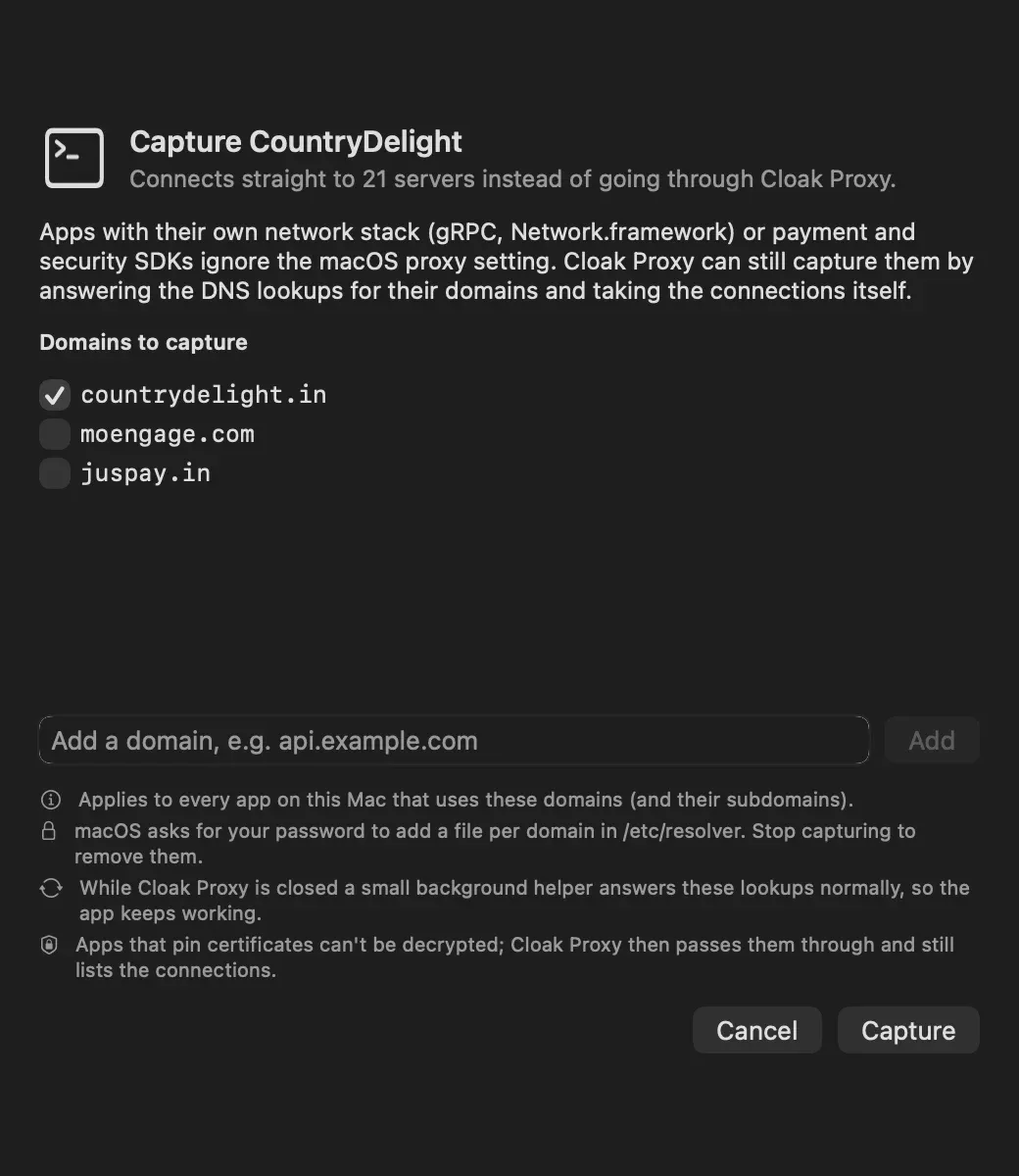 The Capture CountryDelight sheet: it says the app connects straight to 21 servers, explains DNS capture, lists domains to capture with countrydelight.in checked and moengage.com and juspay.in unchecked, has a field to add a domain, four notes, and Cancel and Capture buttons