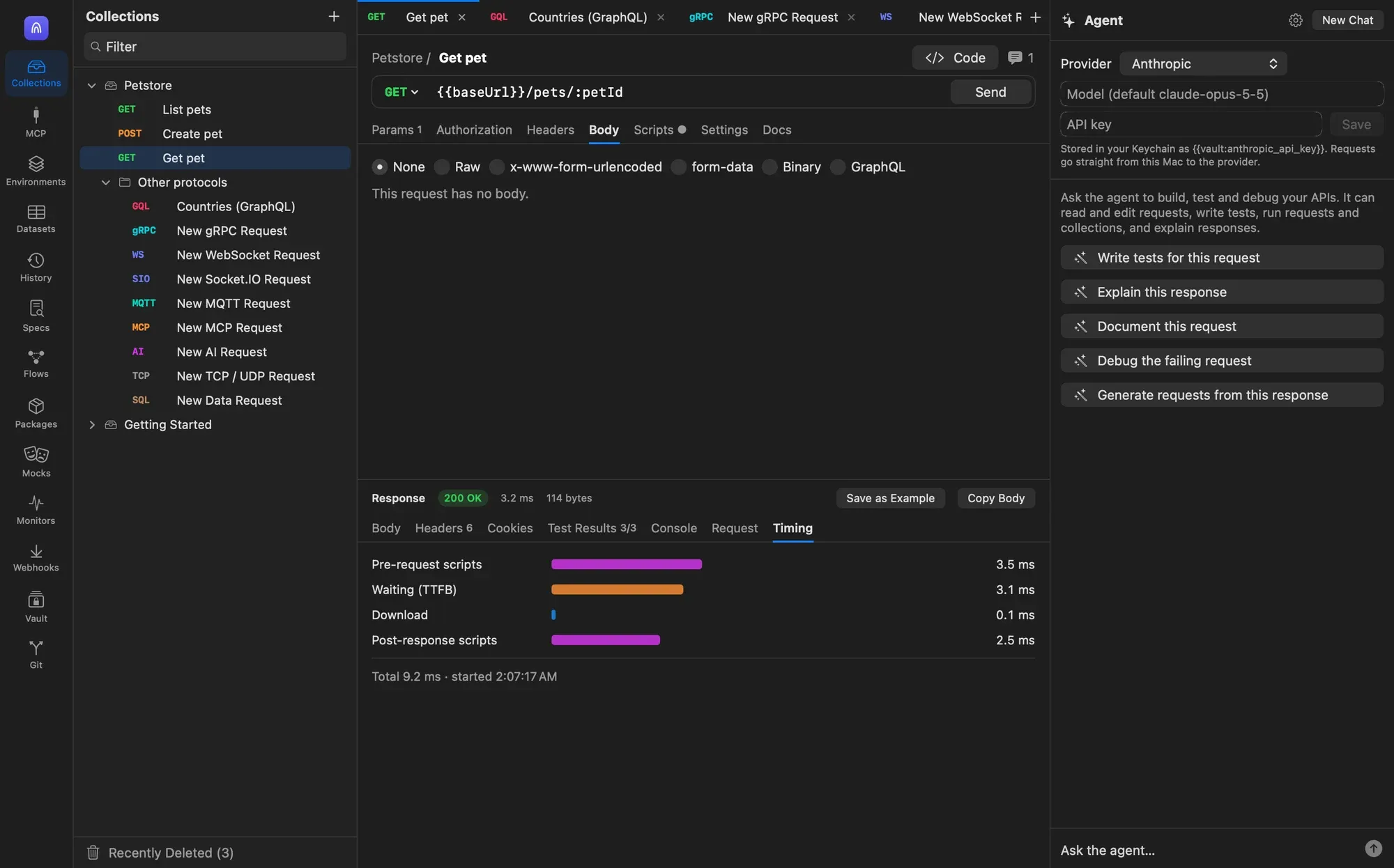 The API client with the Agent panel open on the right, showing Provider set to Anthropic, a Model field, an API key field with Save, five quick action buttons such as Write tests for this request, and an Ask the agent field at the bottom