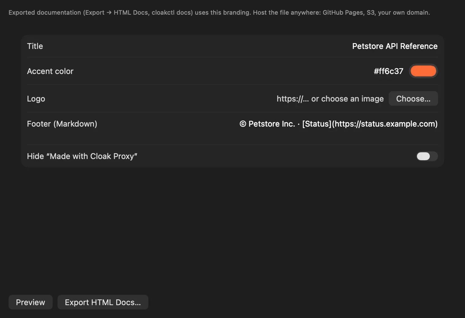 The Docs Branding tab with Title Petstore API Reference, Accent color #ff6c37 with an orange swatch, a Logo field with a Choose button, a Markdown footer with a status link, a Hide Made with Cloak Proxy switch, and Preview and Export HTML Docs buttons