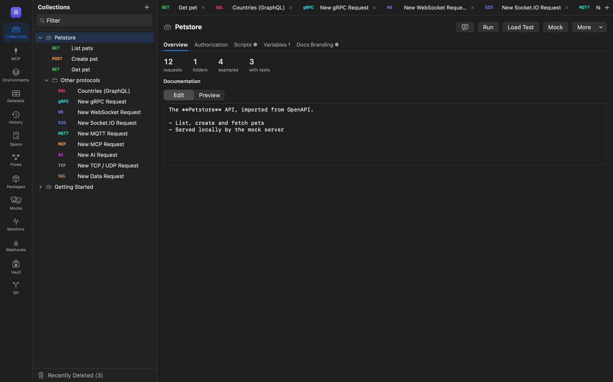 The API client window with a Petstore collection containing HTTP, GraphQL, gRPC, WebSocket, Socket.IO, MQTT, MCP, AI, TCP and data requests