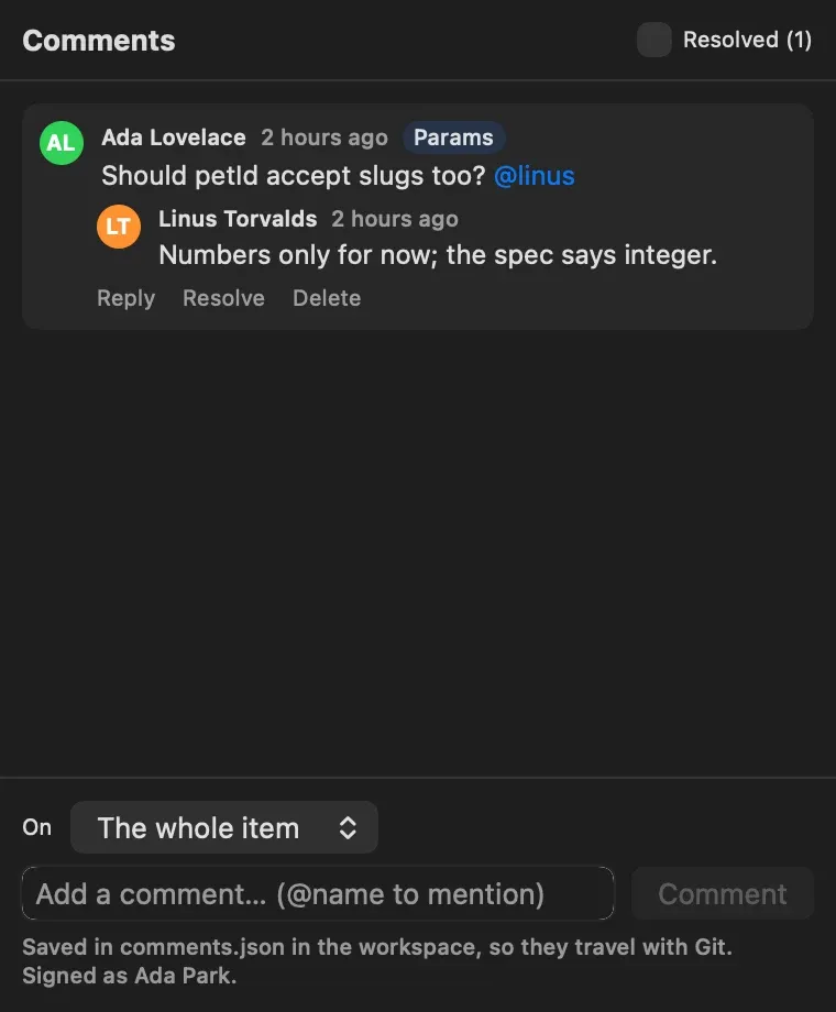 The Comments popover with a thread by Ada Lovelace pinned to Params asking whether petId should accept slugs and mentioning @linus, a reply from Linus Torvalds, Reply, Resolve and Delete buttons, a Resolved (1) checkbox, and a field to add a comment on the whole item