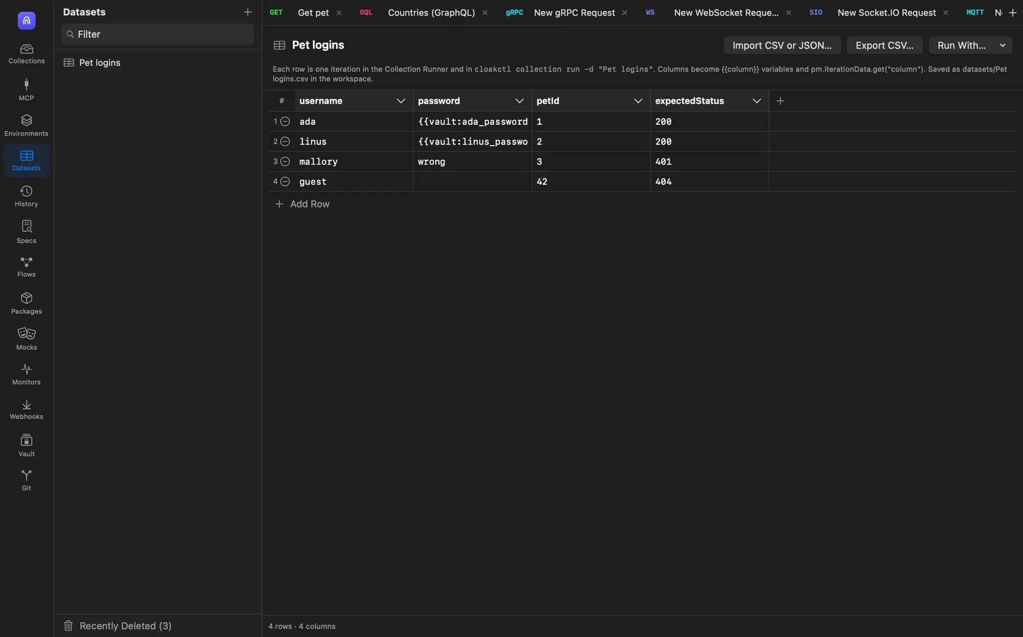 A dataset named Pet logins with columns username, password, petId and expectedStatus and four rows, two of them using vault references for passwords