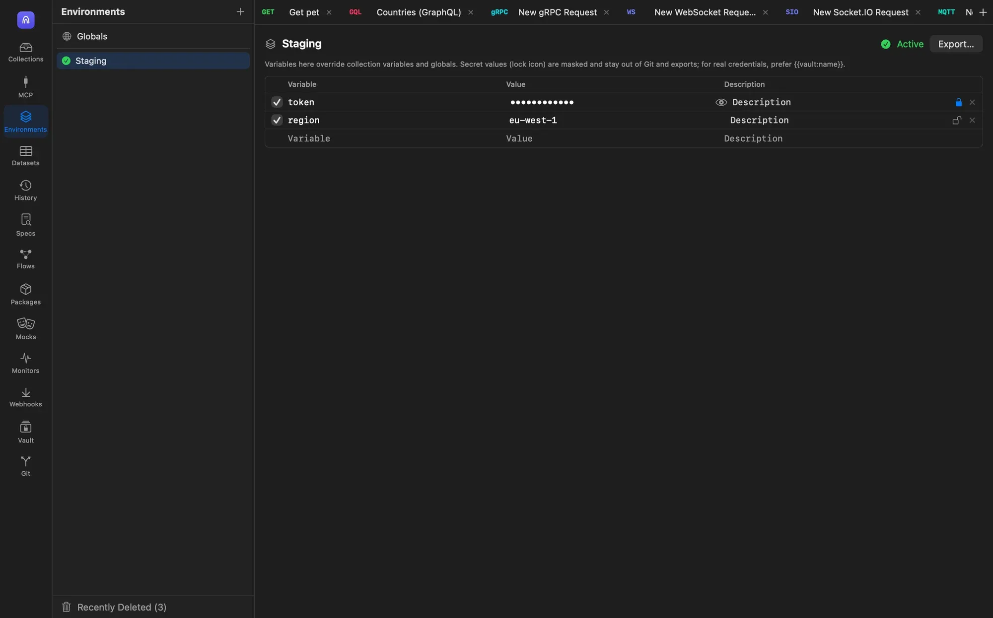The Environments section with Globals and a Staging environment marked active, and the Staging editor showing a secret token variable masked with dots and a region variable set to eu-west-1