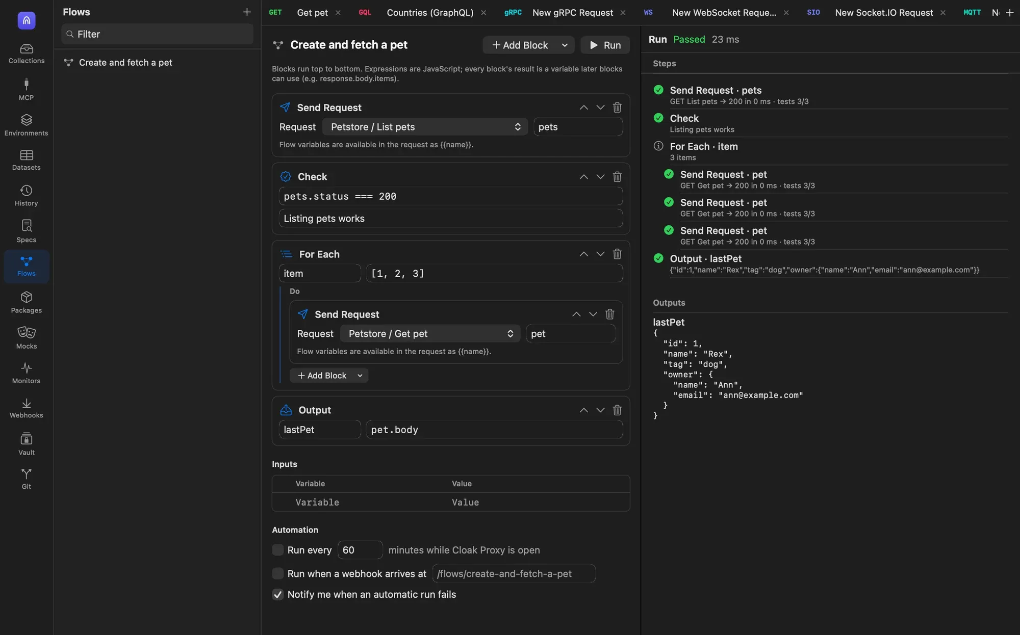 A flow named Create and fetch a pet with Send Request, Check, For Each and Output blocks, and a passing run with its steps and a lastPet output on the right