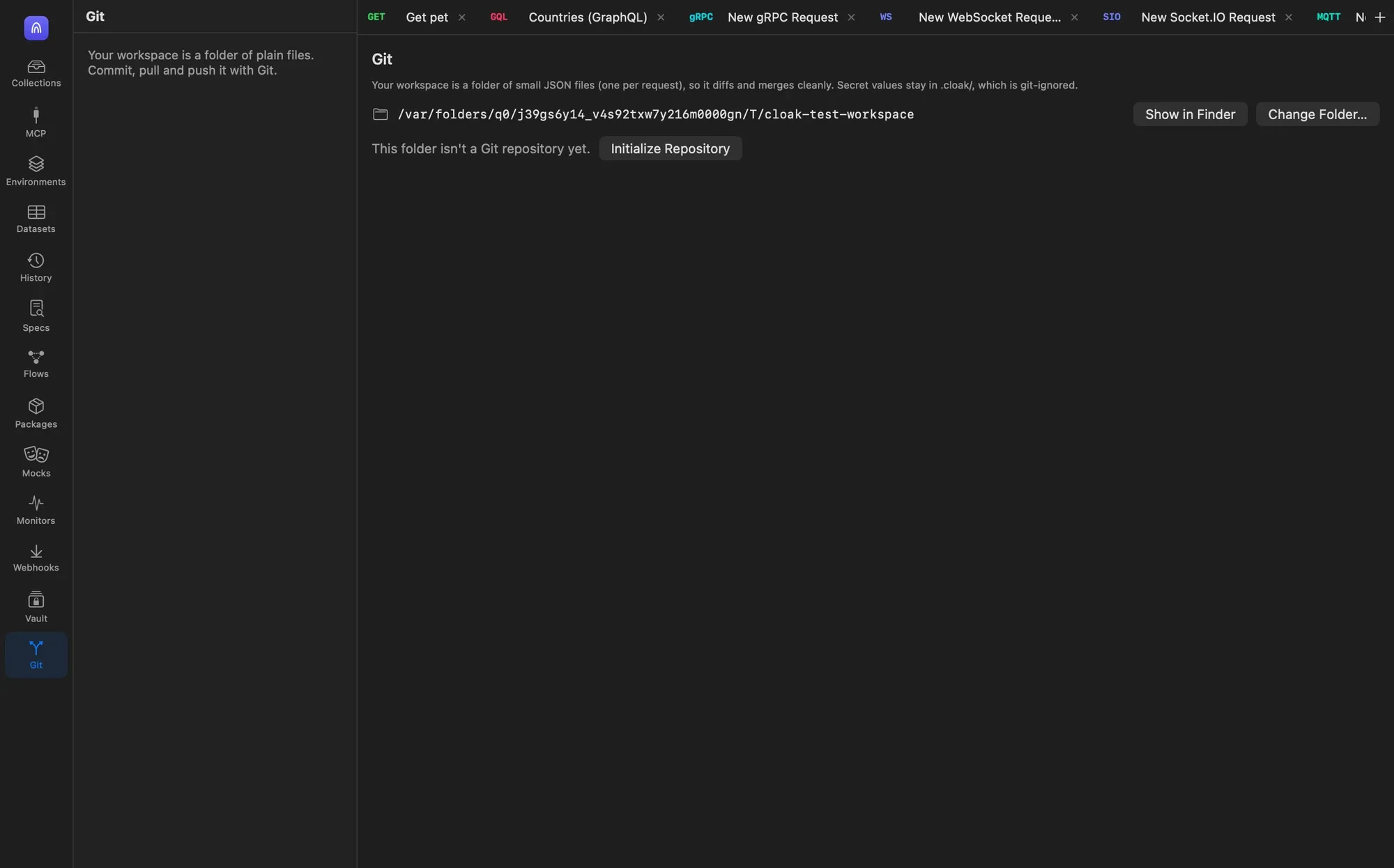 The Git view showing the workspace folder path with Show in Finder and Change Folder buttons, and the message This folder isn't a Git repository yet with an Initialize Repository button