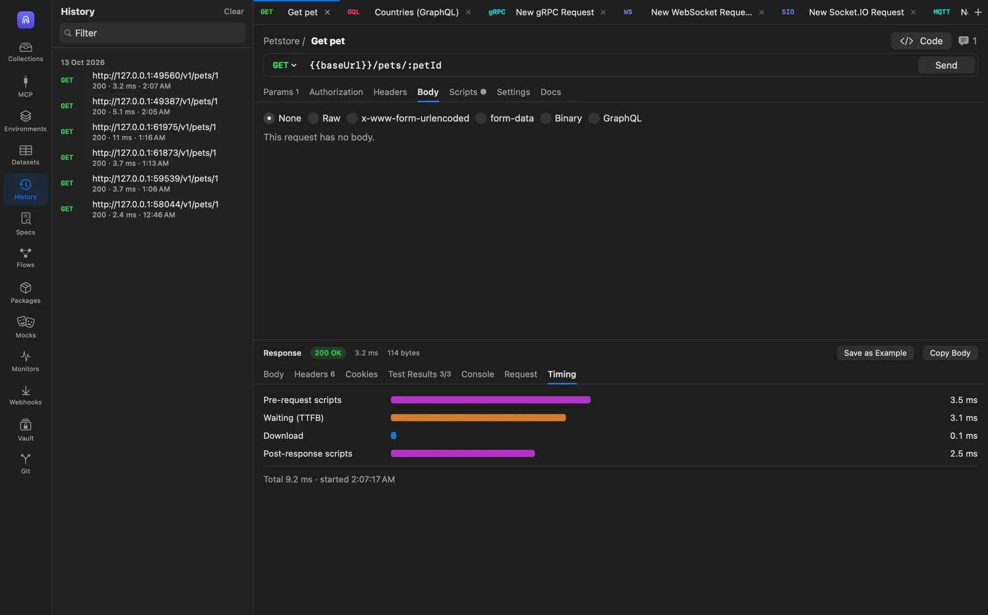 The Body tab with radio buttons None, Raw, x-www-form-urlencoded, form-data, Binary and GraphQL, None selected, and the text This request has no body