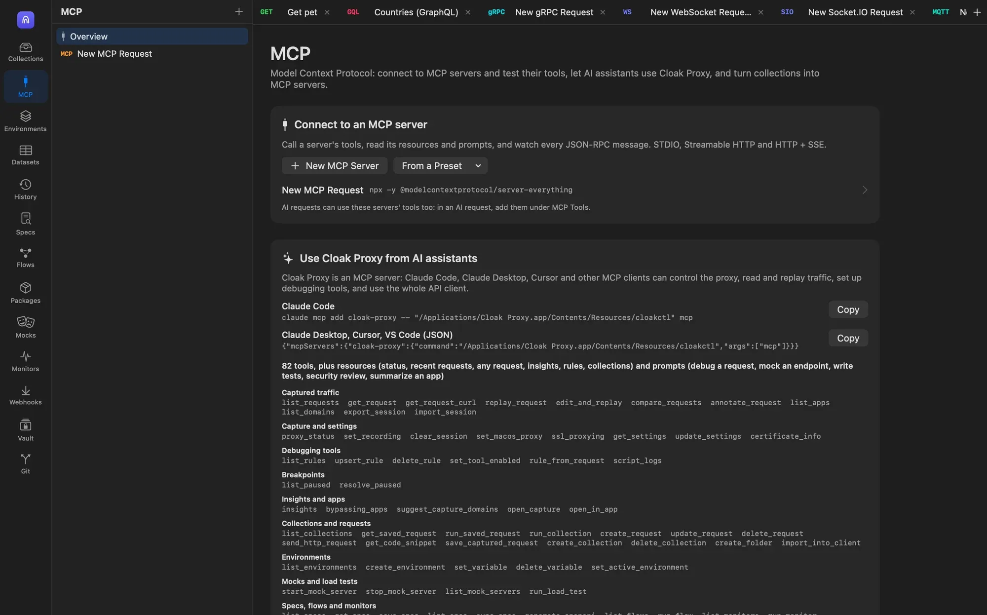The MCP page of the API client: a Connect to an MCP server card, and a Use Cloak Proxy from AI assistants card with Copy buttons for Claude Code and for Claude Desktop, Cursor and VS Code JSON, followed by the tool list grouped by area