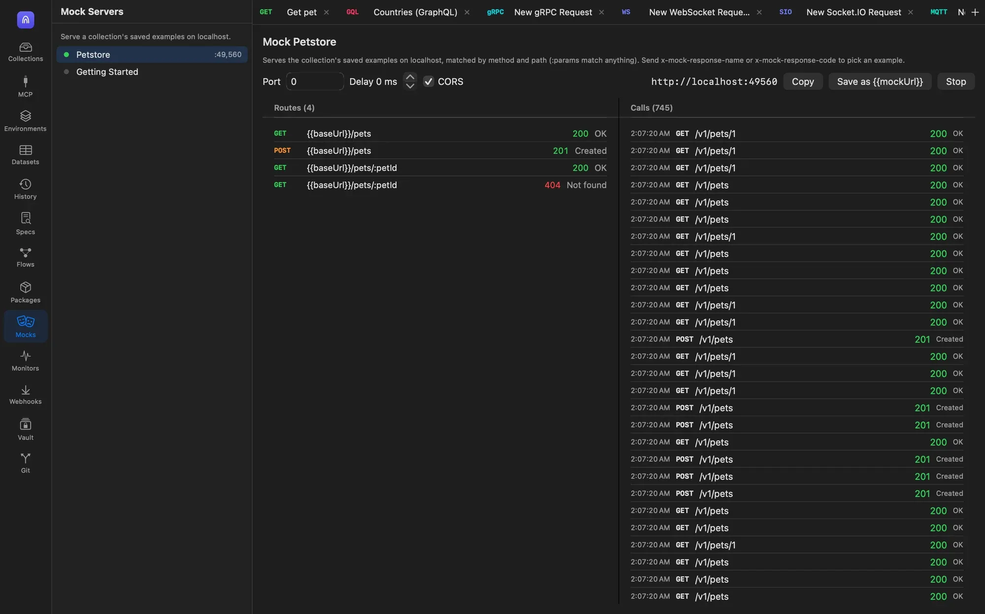 The Mock Petstore tab serving four example routes on http://localhost:49560, with a log of 745 calls on the right