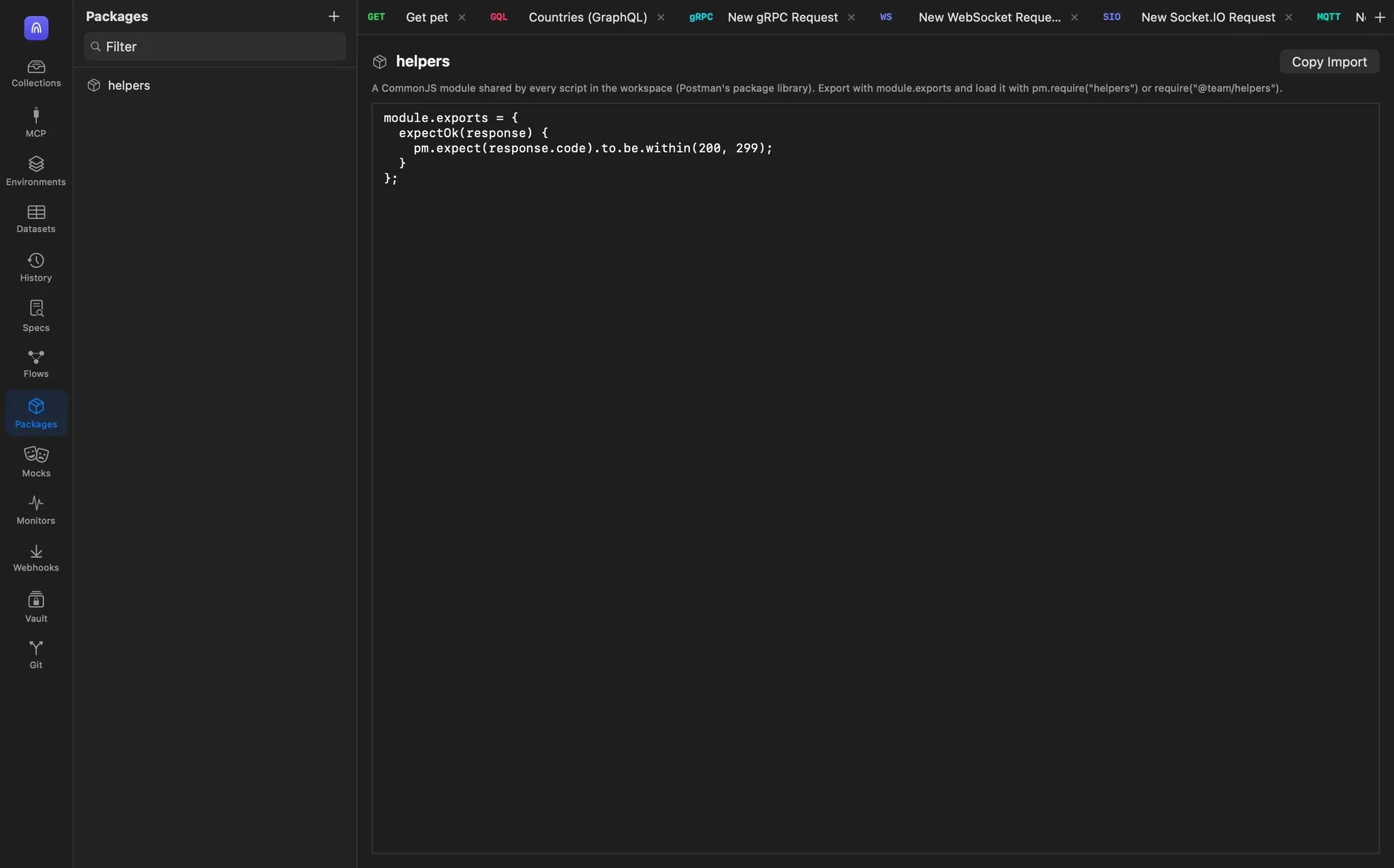 A package named helpers in the Packages section, exporting an expectOk function with module.exports