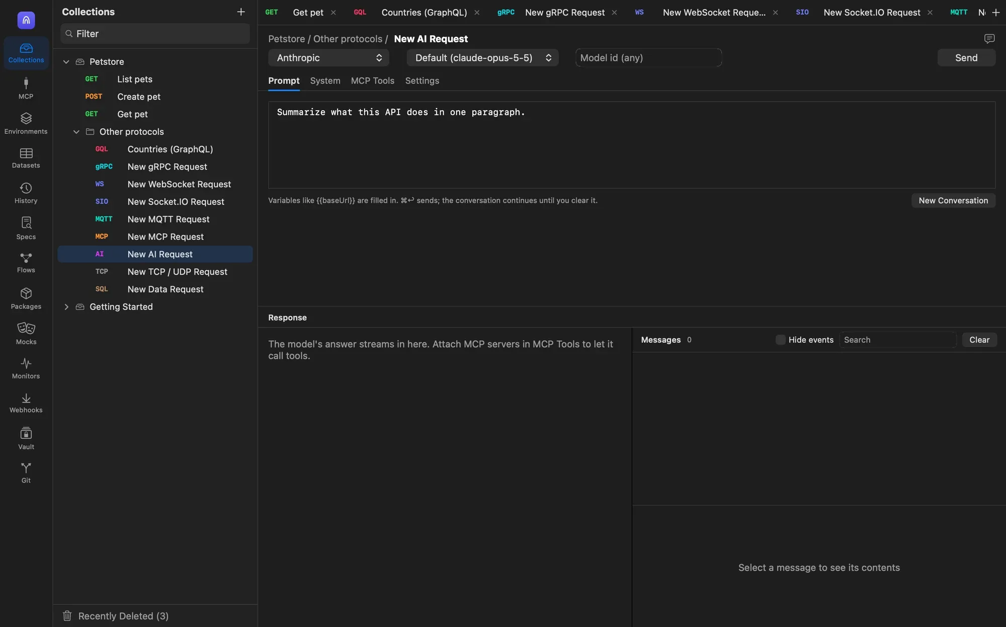 An AI request with provider Anthropic, model Default (claude-opus-5-5), a Model id field, and the prompt Summarize what this API does in one paragraph, above an empty Response pane and Messages log
