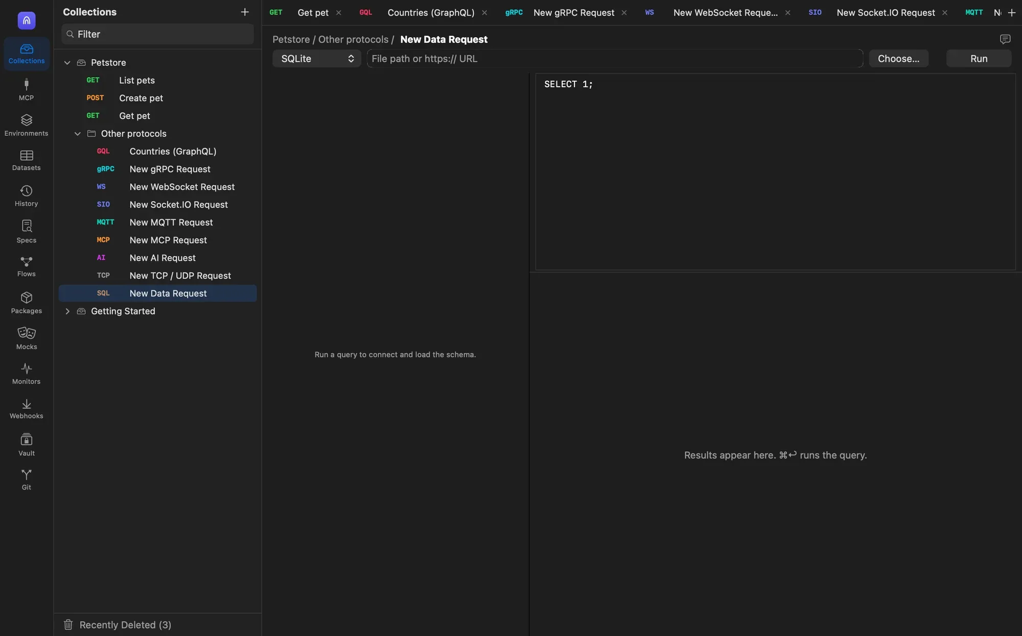 A data request with the SQLite source selected, an empty file path field with a Choose… button, a Run button, the query SELECT 1; and empty schema and results panes