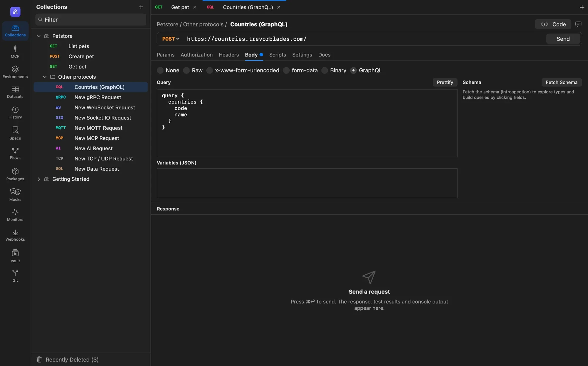 A GraphQL request posting to countries.trevorblades.com with a countries query in the Query editor, an empty Variables editor and the Schema panel on the right