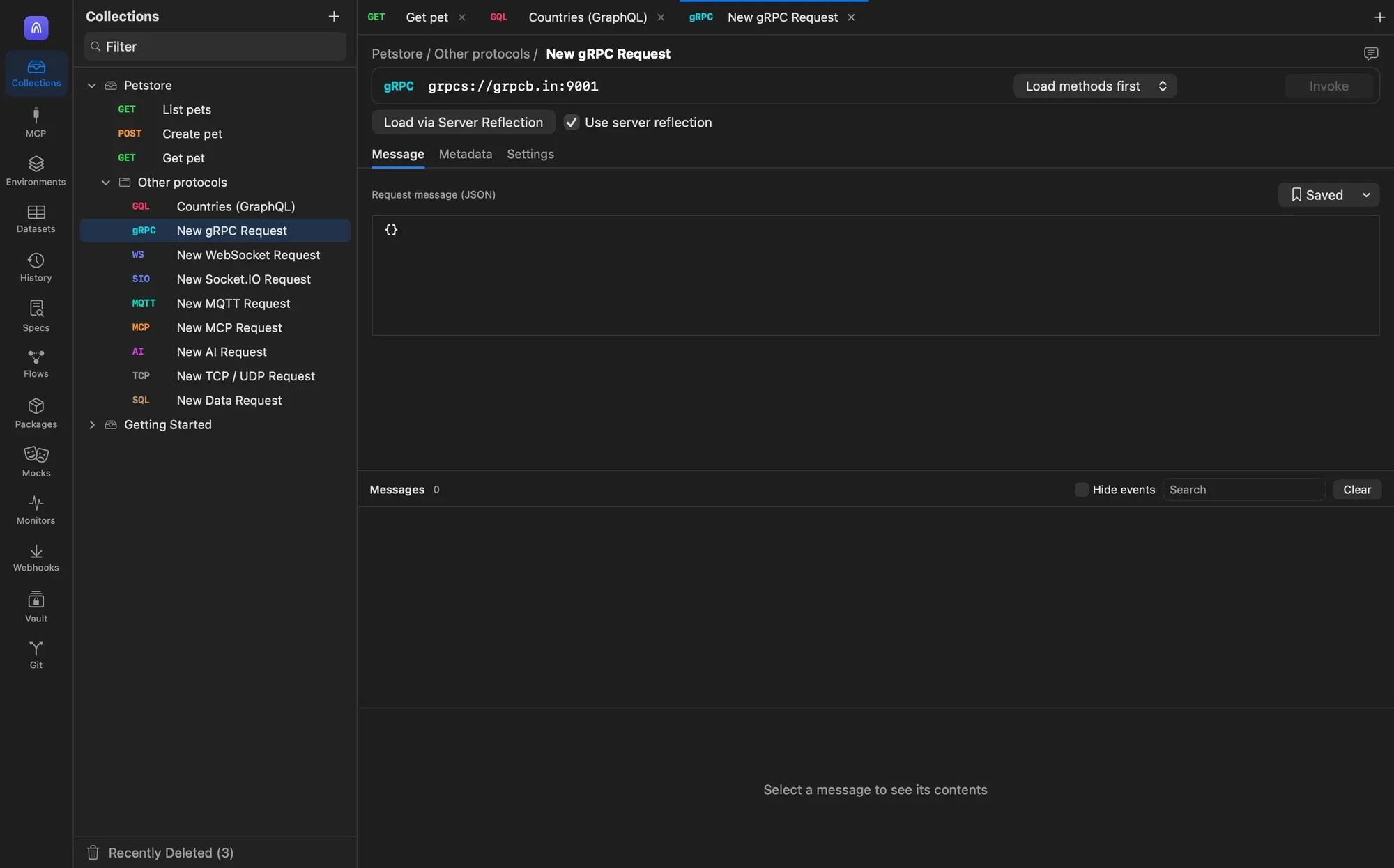 A gRPC request to grpcs://grpcb.in:9001 with a method menu reading Load methods first, a Load via Server Reflection button, and Message, Metadata and Settings tabs above an empty Messages log