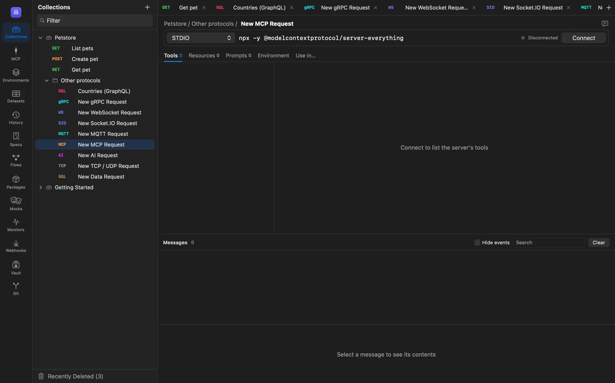 An MCP request with the STDIO transport and the command npx -y @modelcontextprotocol/server-everything, disconnected, with Tools, Resources, Prompts, Environment and Use in… tabs
