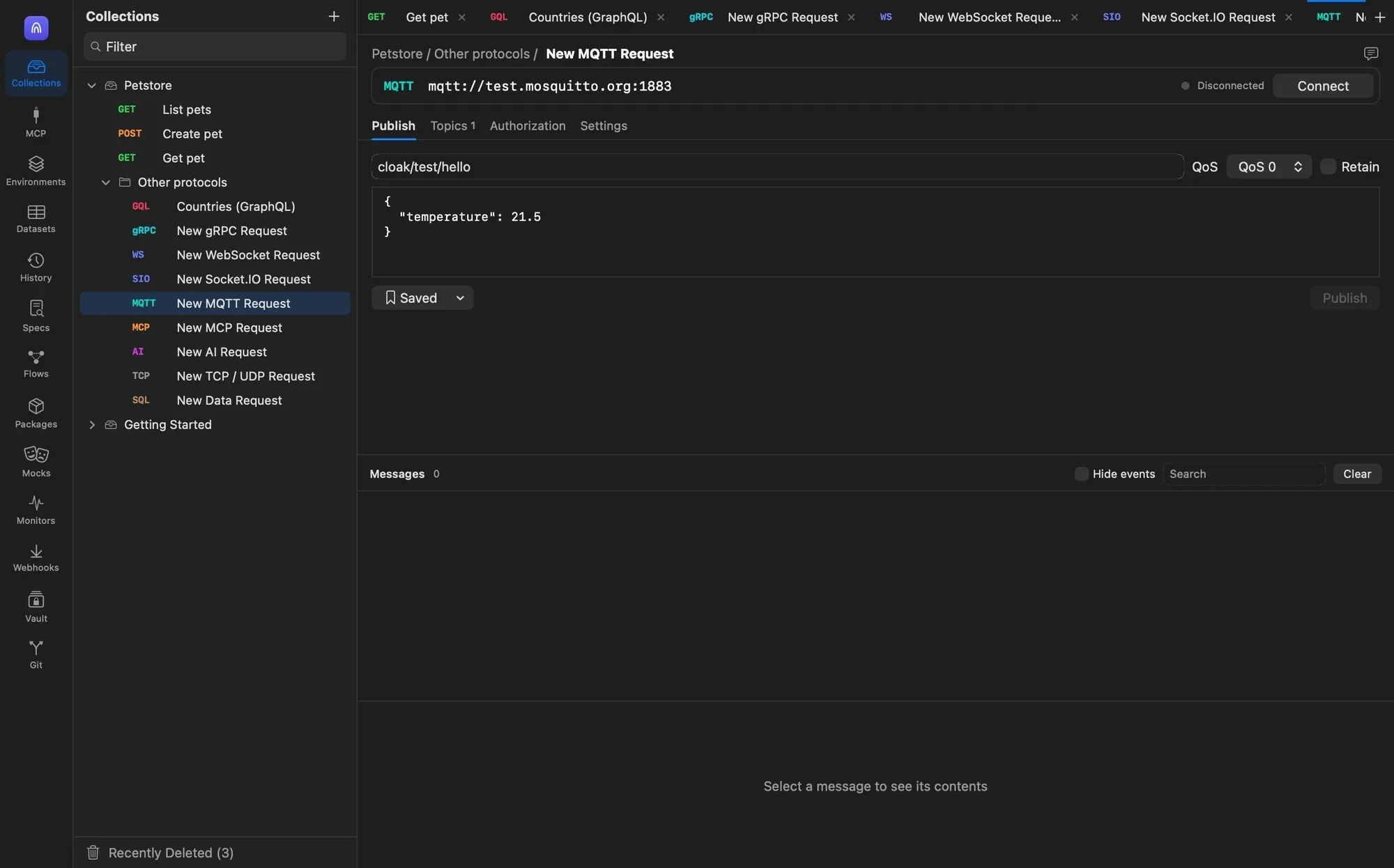 An MQTT request to mqtt://test.mosquitto.org:1883 with the Publish tab open, topic cloak/test/hello, QoS 0, a Retain checkbox and a JSON temperature payload