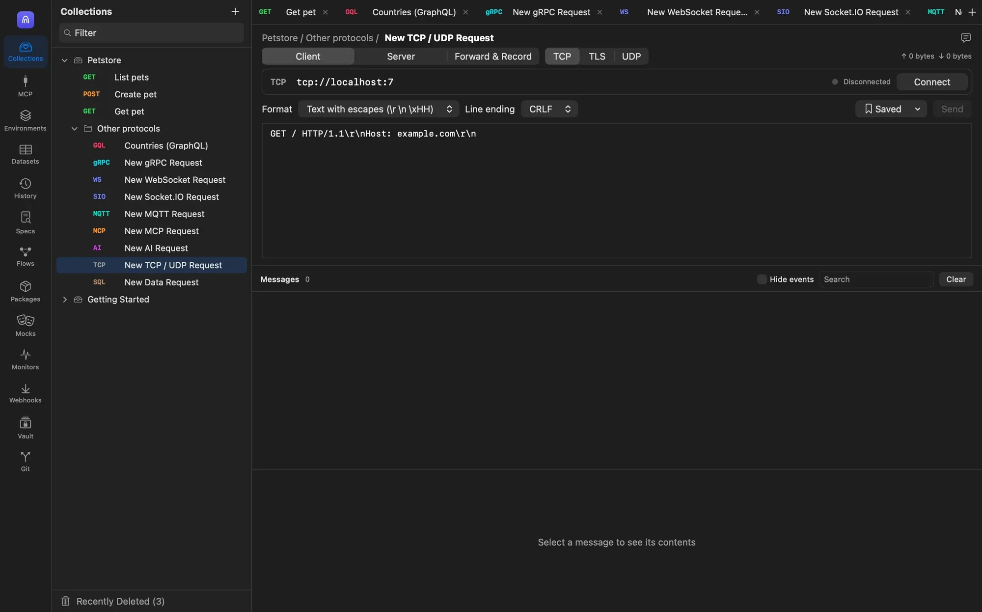 A TCP / UDP request in Client mode with TCP selected, target tcp://localhost:7, Format Text with escapes, Line ending CRLF, and an HTTP request line typed in the composer