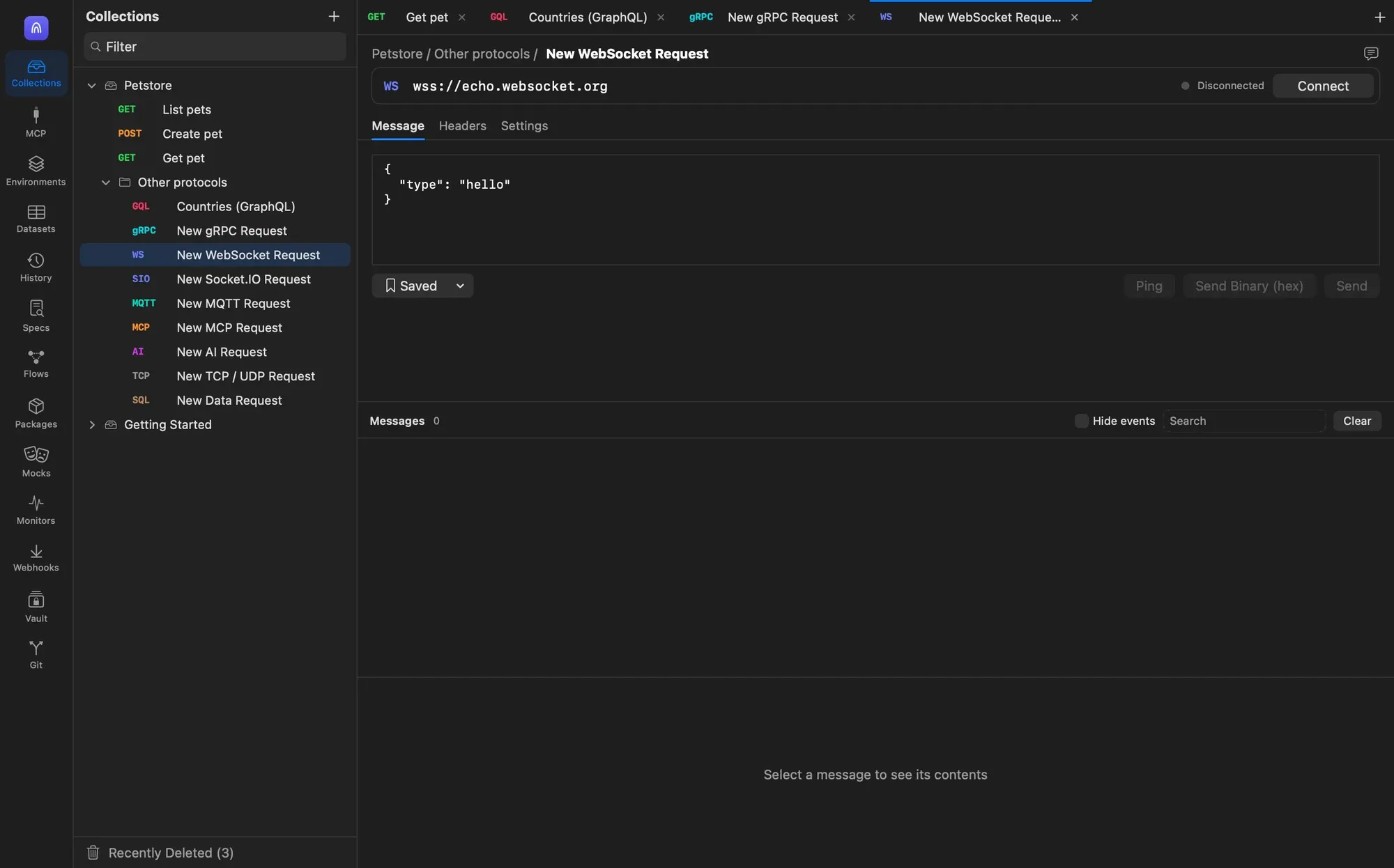 A WebSocket request to wss://echo.websocket.org, disconnected, with a JSON message in the Message tab and Ping, Send Binary (hex) and Send buttons