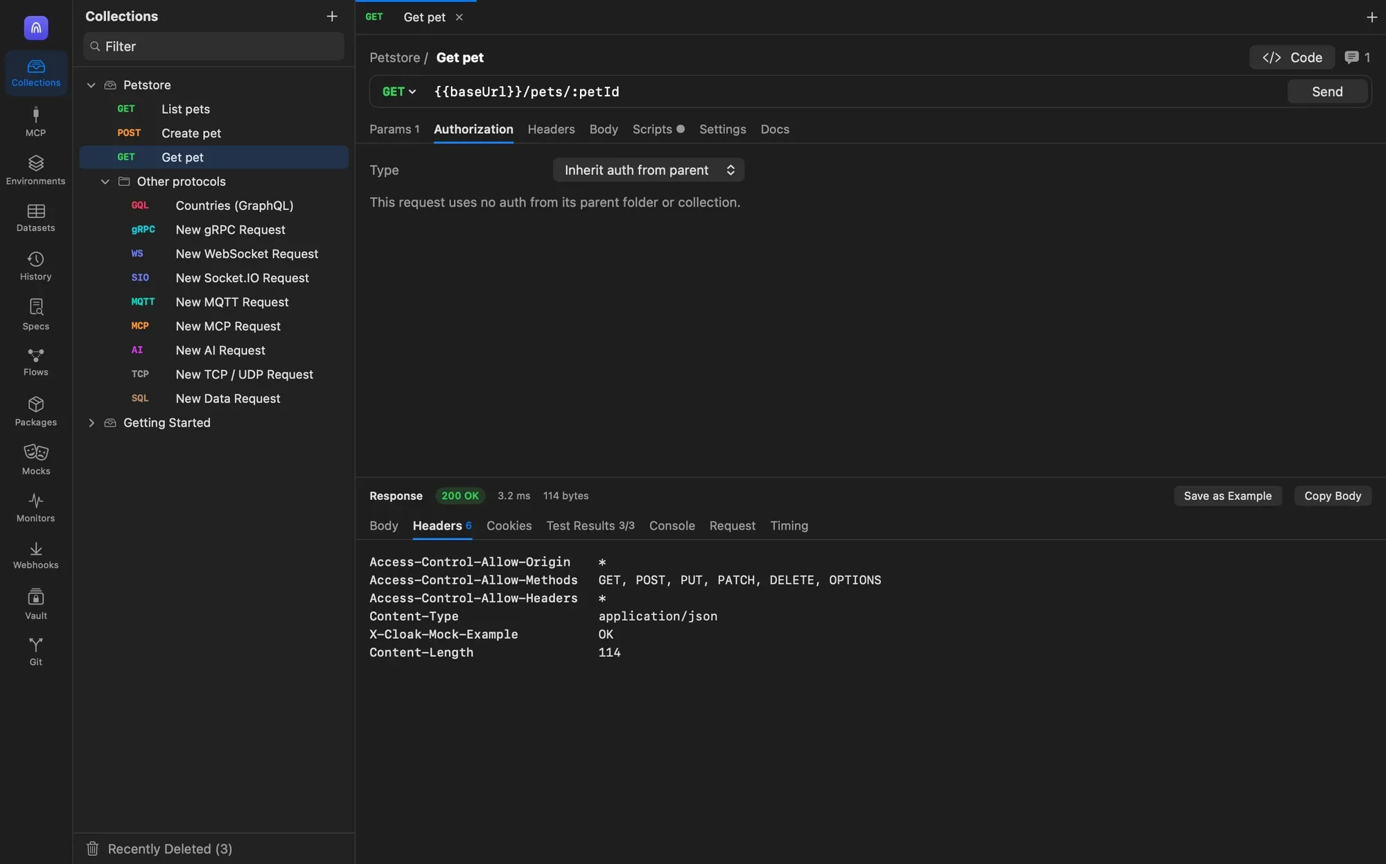 The Authorization tab of a request with Type set to Inherit auth from parent and the note This request uses no auth from its parent folder or collection
