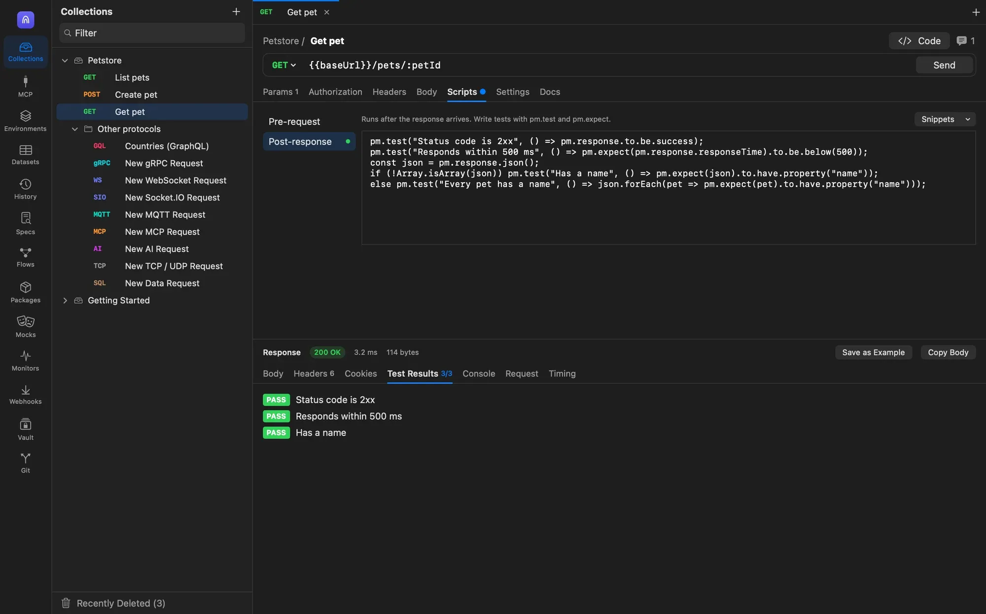 The Scripts tab with Post-response selected and five lines of pm.test calls, and the response's Test Results tab showing three PASS results