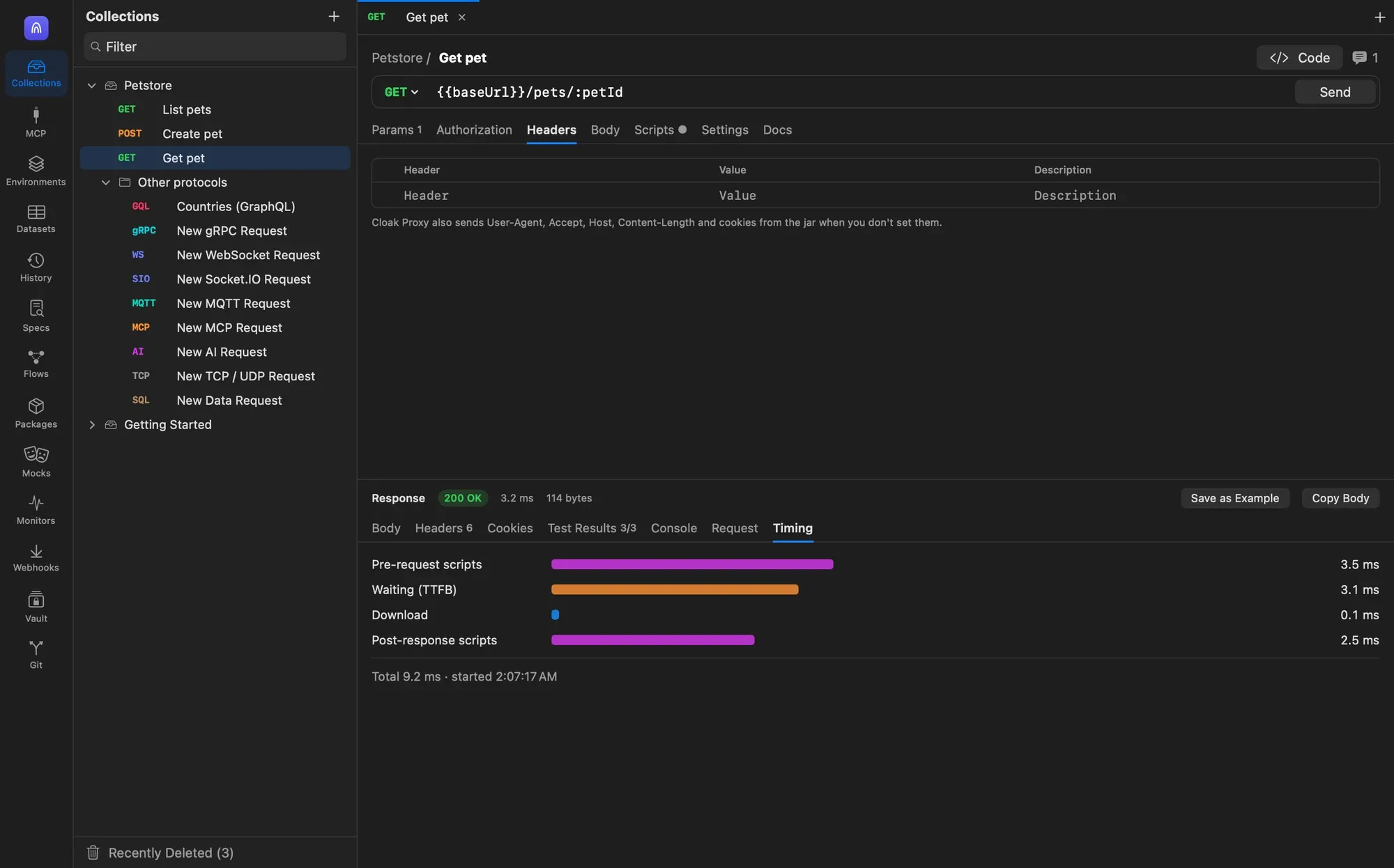 The Timing tab of a response showing bars for pre-request scripts, waiting, download and post-response scripts, with a total of 9.2 ms