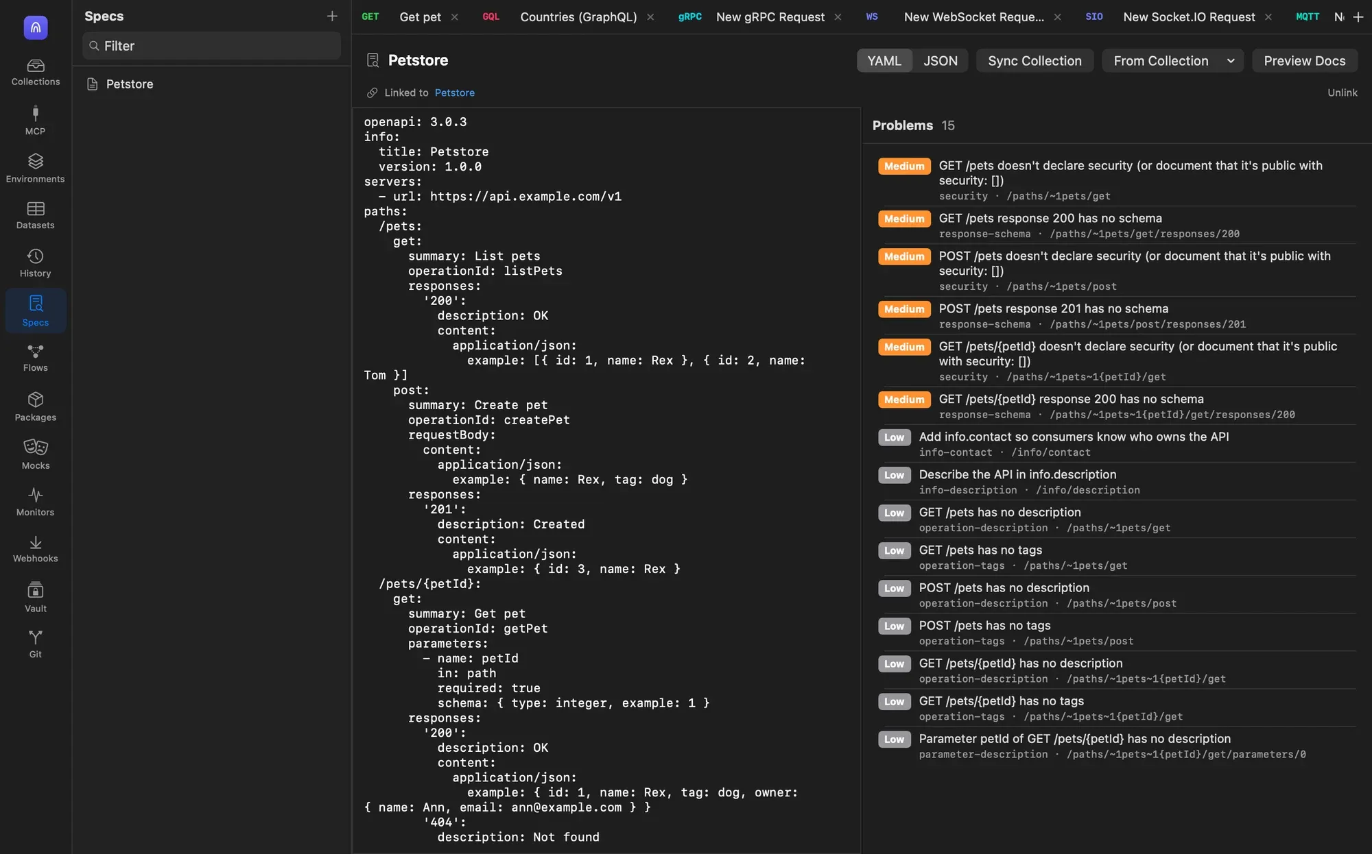The Petstore spec in YAML on the left, linked to the Petstore collection, with 15 lint problems on the right marked Medium and Low