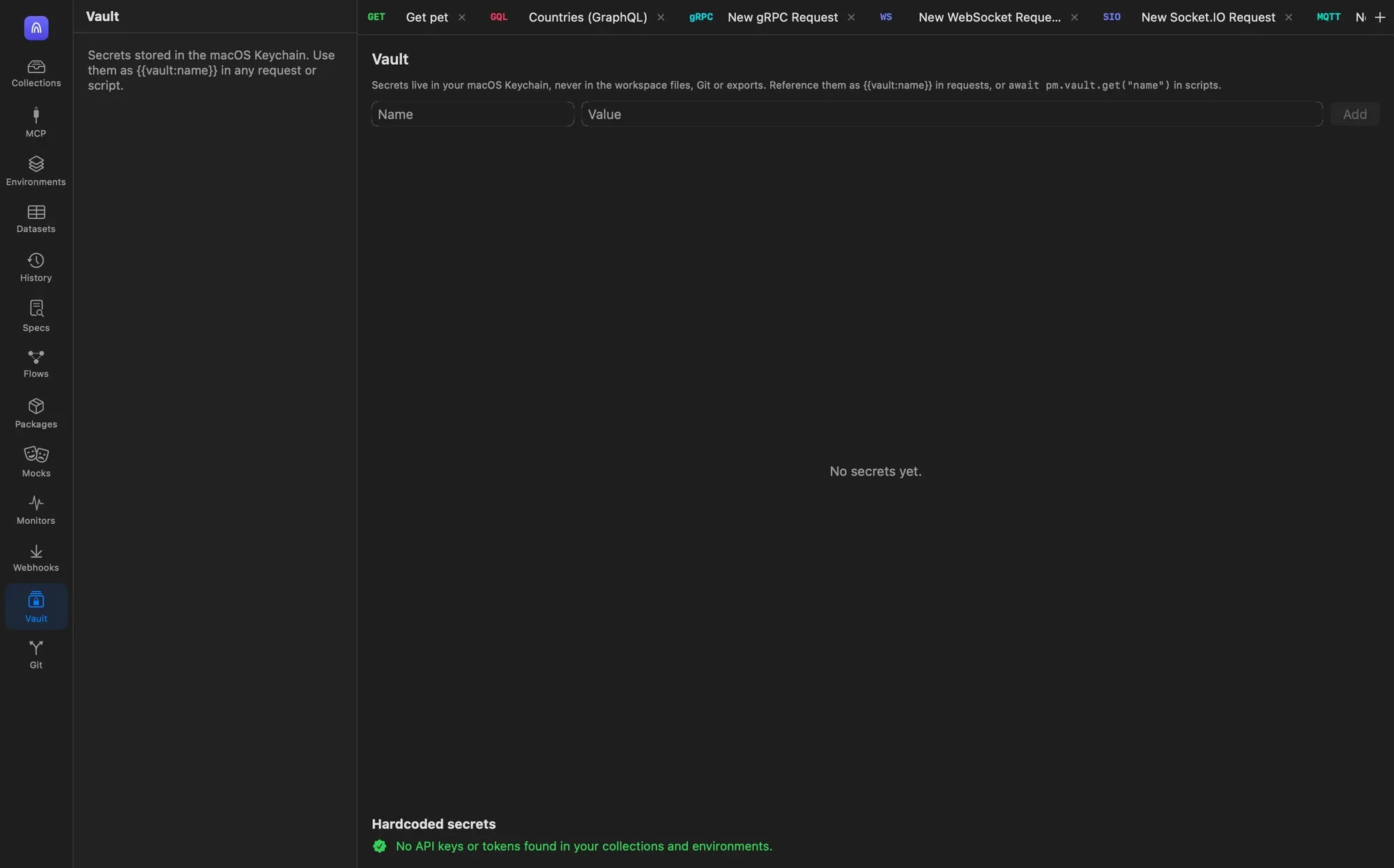 The Vault view with Name and Value fields and an Add button, the message No secrets yet, and a Hardcoded secrets section reporting no API keys or tokens found