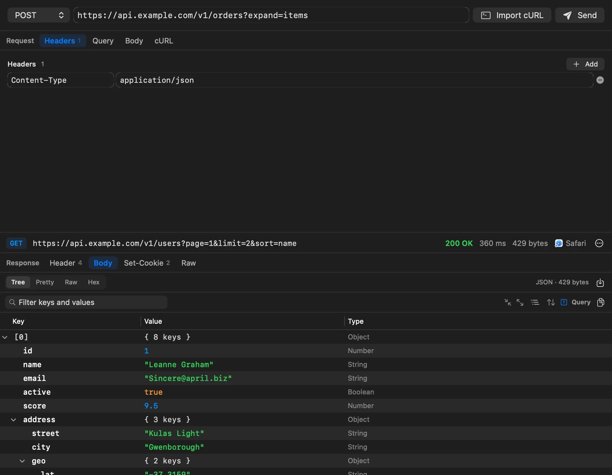 The Compose window with method, URL, headers and an Import cURL button, and the response below