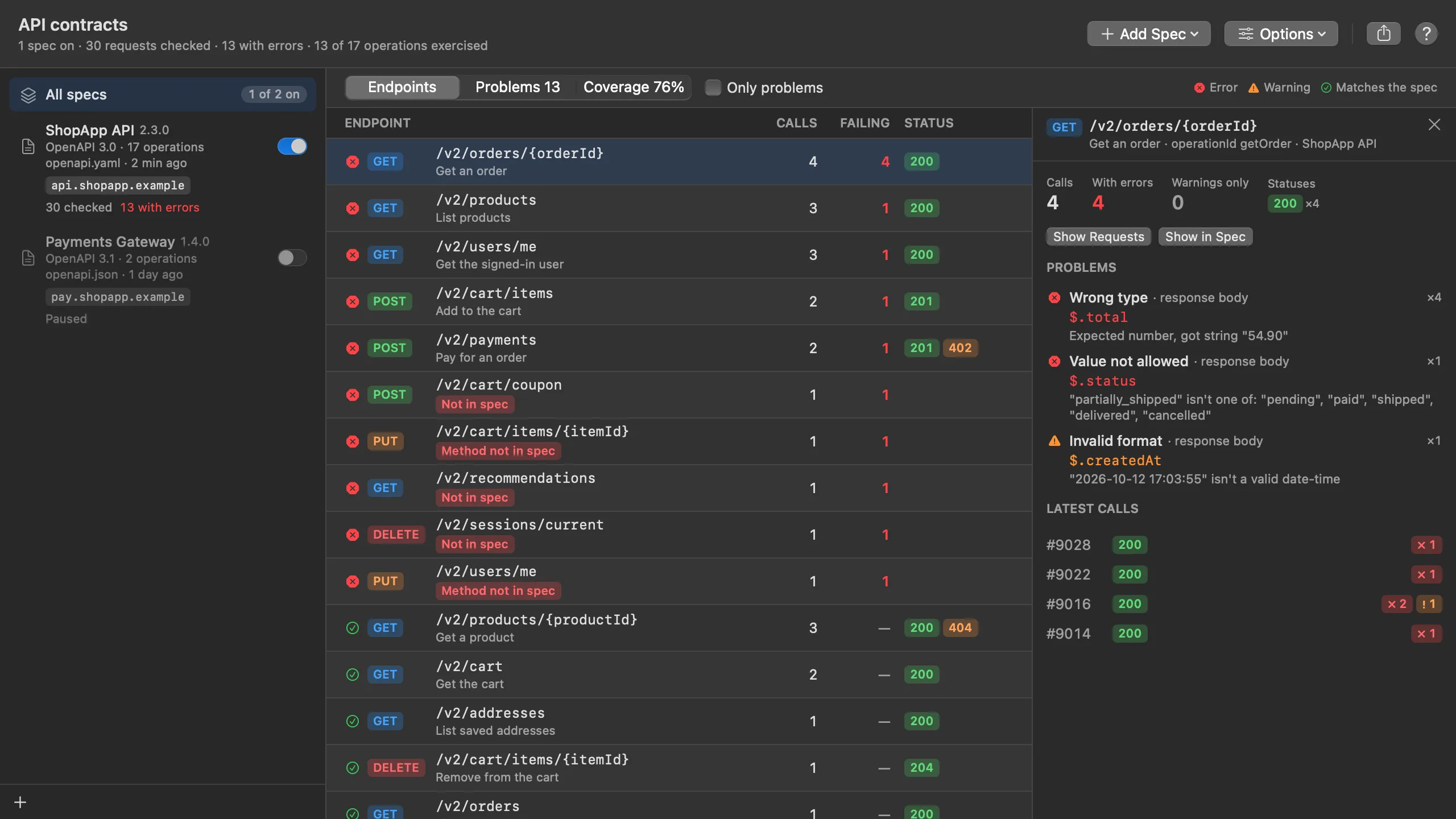 The API Contracts window. On the left, the ShopApp API 2.3.0 spec (OpenAPI 3.0, 17 operations, bound to api.shopapp.example, 30 checked, 13 with errors) and a paused Payments Gateway spec. On the right, the Endpoints tab: GET /v2/orders/{orderId} with 4 calls and 4 failing, GET /v2/products, GET /v2/users/me, POST /v2/cart/items, POST /v2/payments, then requests marked Not in spec (POST /v2/cart/coupon, GET /v2/recommendations) or Method not in spec (PUT /v2/users/me), then passing endpoints with green checks. The selected order endpoint's detail pane shows its problems: Wrong type at $.total, Value not allowed at $.status and Invalid format at $.createdAt, and its latest calls.
