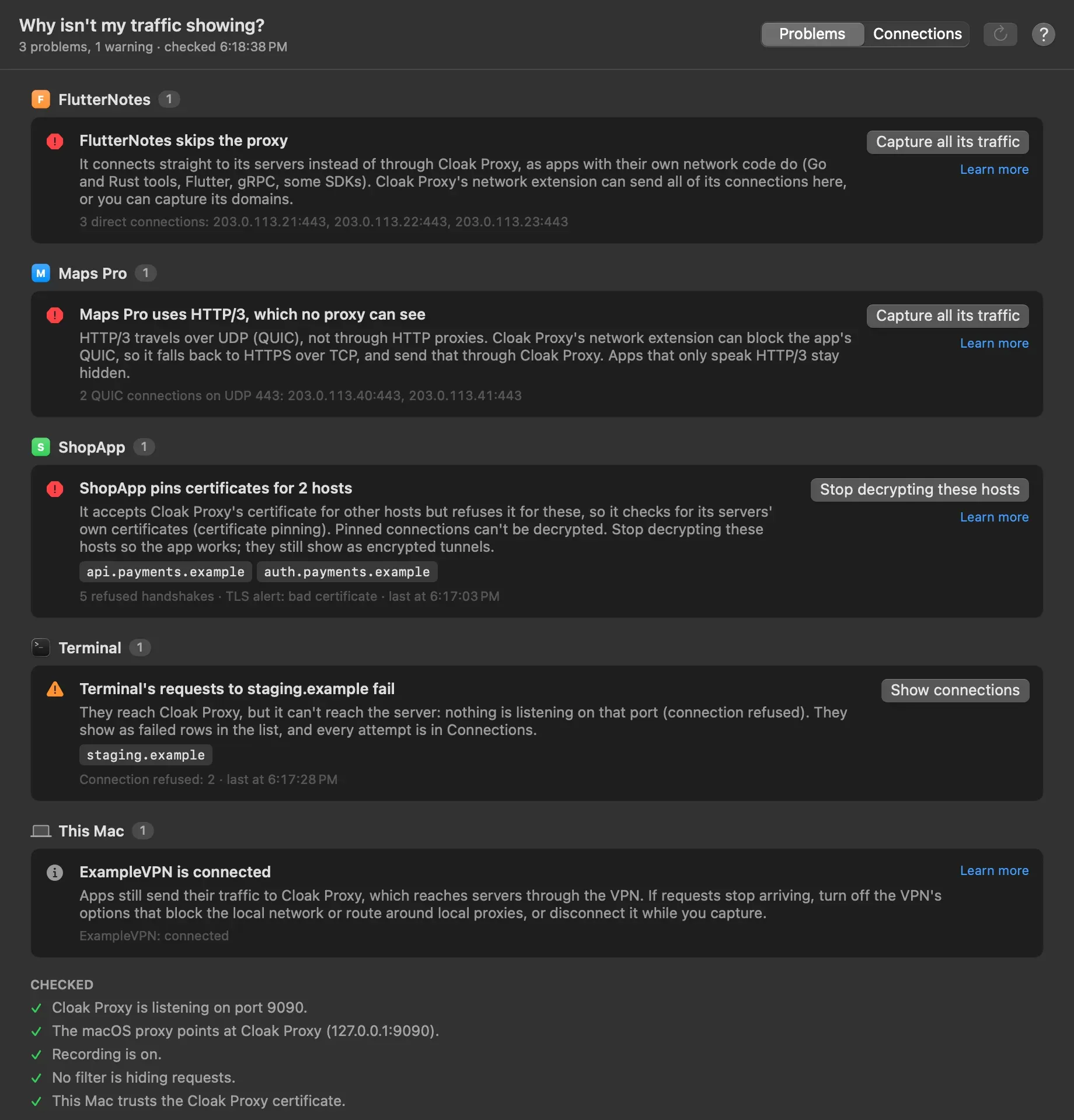 The Doctor window: FlutterNotes skips the proxy and Maps Pro uses HTTP/3, each with a Capture all its traffic button, ShopApp pins certificates for api.payments.example and auth.payments.example with a Stop decrypting these hosts button, Terminal's requests to staging.example fail, and a note that ExampleVPN is connected, followed by the list of checks that passed