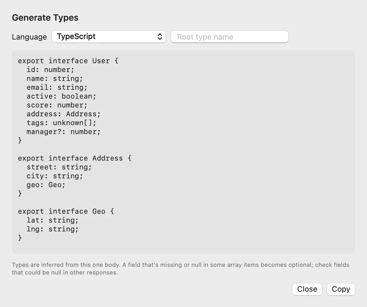 The Generate Types sheet with TypeScript selected and three interfaces, User, Address and Geo, generated from a JSON response