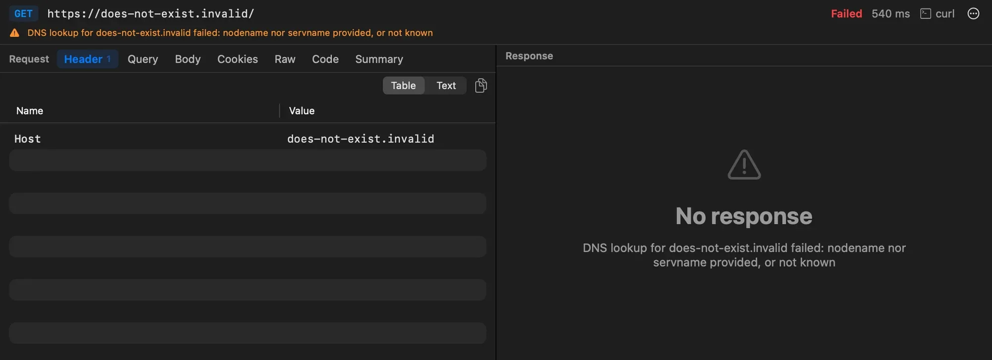 The inspector for a failed GET to does-not-exist.invalid: Failed in red, a DNS lookup error above the request tabs, and No response with the same message in the response pane