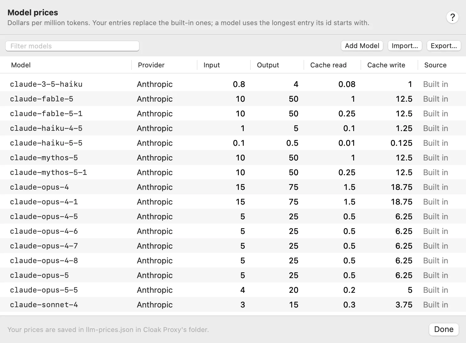 The Model prices sheet: a filter field, Add Model, Import and Export buttons, and a table of models with provider, input, output, cache read and cache write prices and their source.