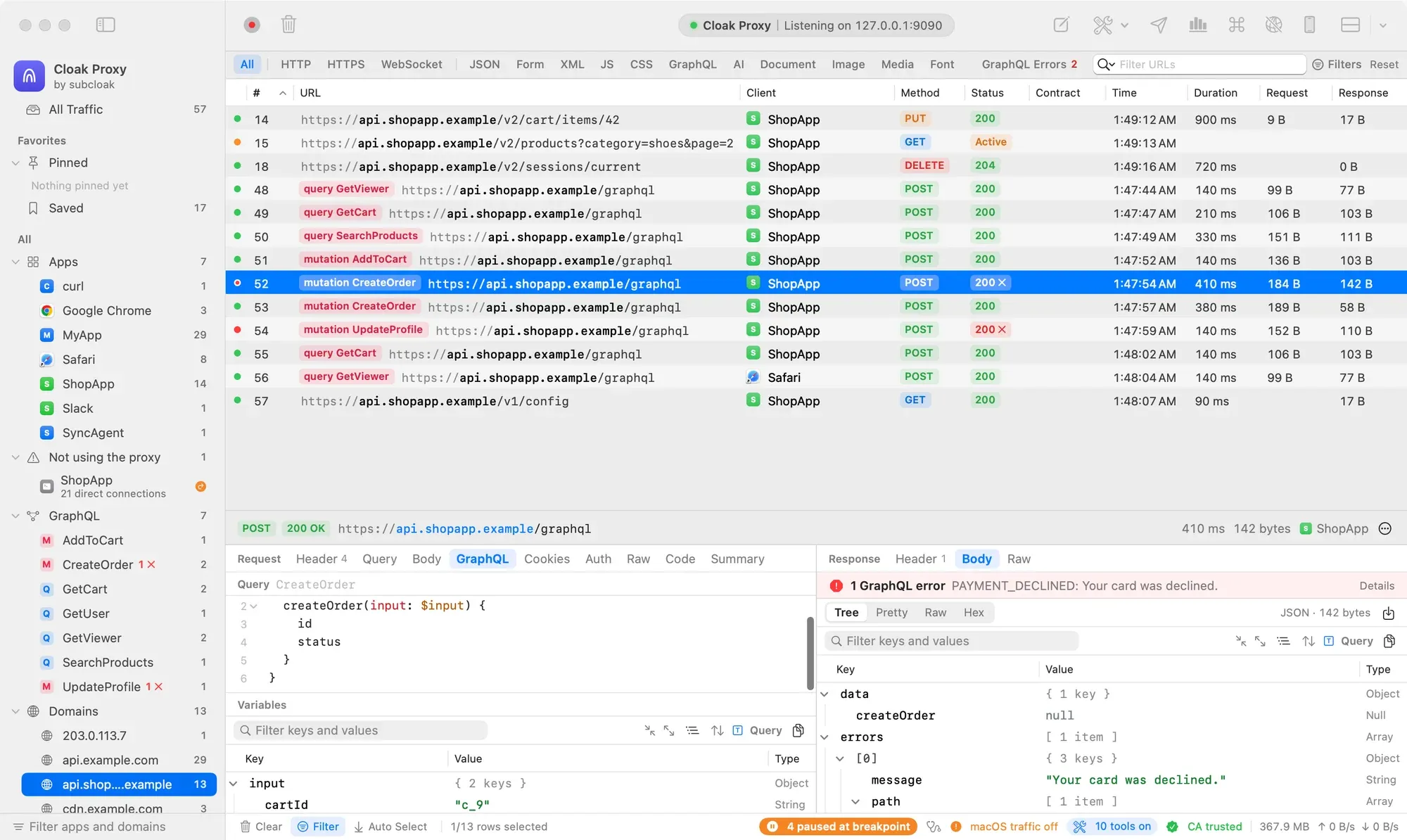 The traffic list with GraphQL requests to api.shopapp.example, each with a pink operation badge. The selected mutation CreateOrder row shows a red 200 ✕ status. The response pane starts with a red banner: 1 GraphQL error, PAYMENT_DECLINED: Your card was declined.
