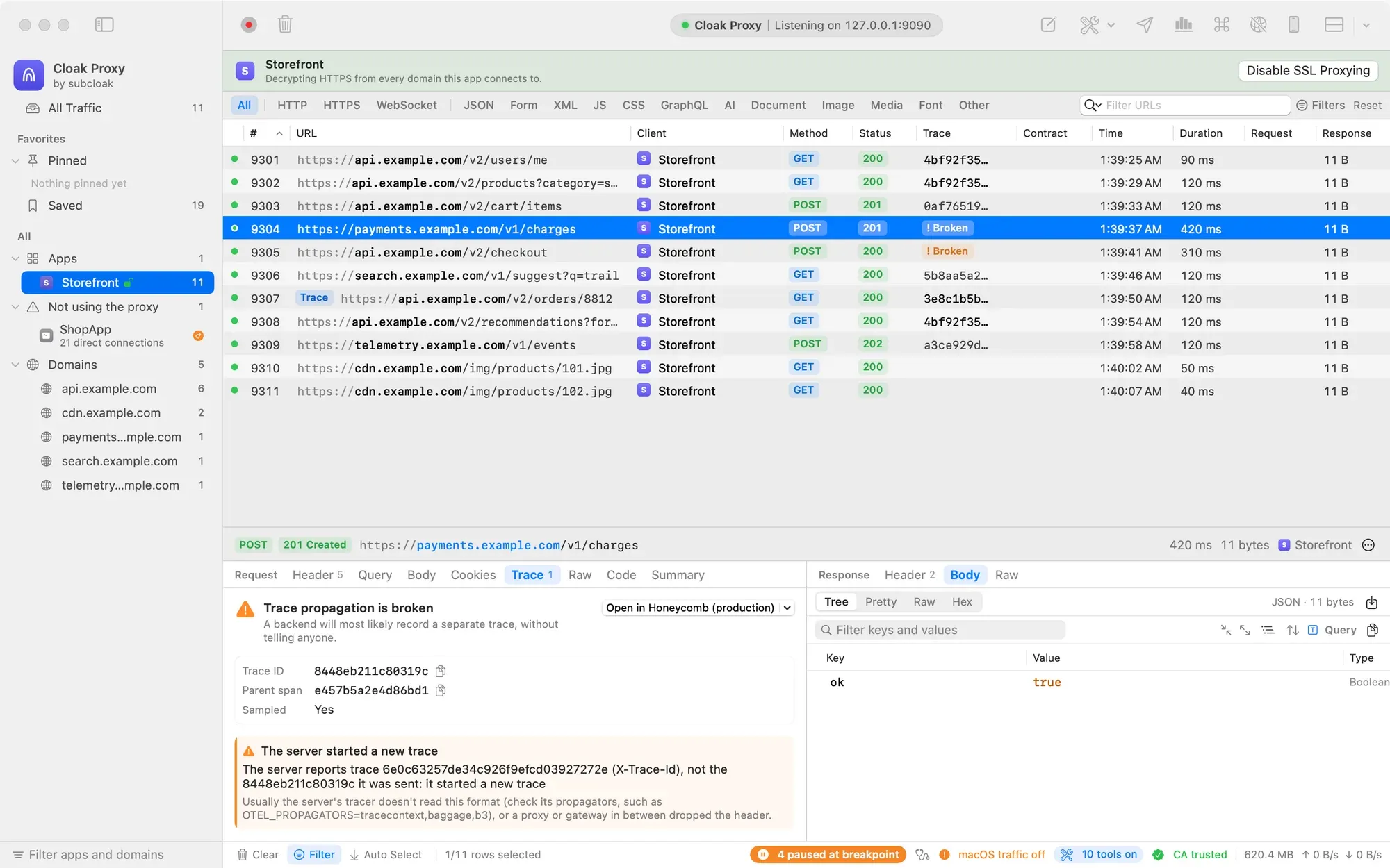 The main window with a Trace column showing short trace IDs for a storefront app's requests, Broken badges on a payment request and a checkout request, and the inspector's Trace tab for the payment request: Trace propagation is broken, with an Open in Honeycomb button, the trace and parent span IDs, and an explanation that the server reported a different trace